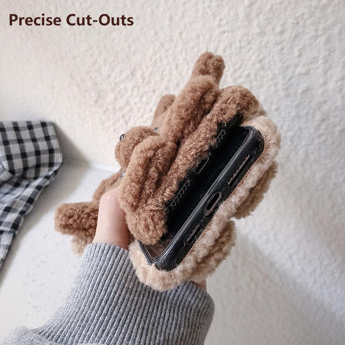Plush Case for iPhone 15, Cute Fluffy Furry Bear Case with Soft TPU Inner Shell for Women Girls, Warm Plush Protective Case Shockproof Anti-Drop Phone Cover for Beige iPhone 15