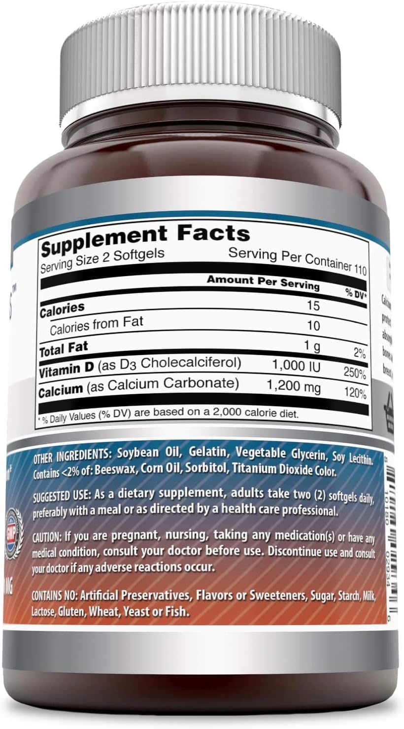 Amazing Formulas Calcium with Vitamin D3 220 Supplement | 1000 Mg | 220 Softgels | Non-GMO | Gluten-Free | Made in USA | Pack of 3