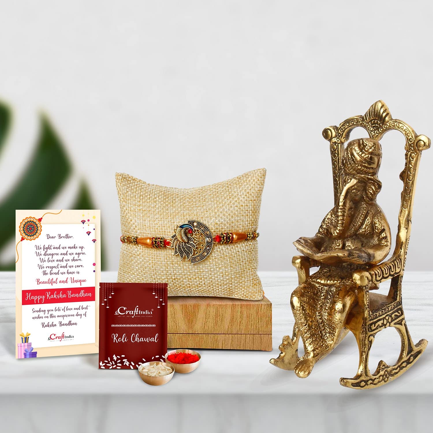 eCraftIndia Peacock Designer Rakhi for Brother with Gift | Lord Ganesha Idol Reading Book Showpiece | Greeting Card | Roli Chawal Pack | Raksha Bandhan Rakhi Gift Hamper for Brother Bhaiya Boys Kids-image-6