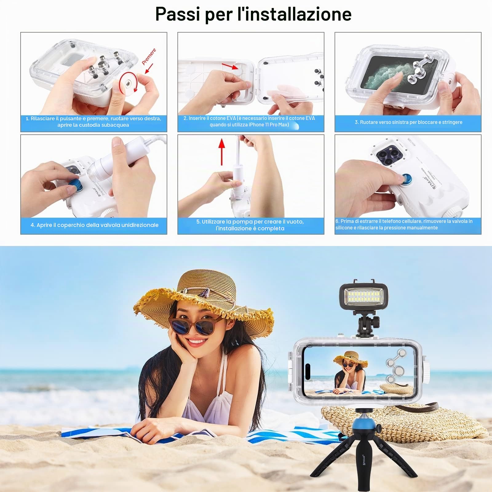 PULUZ Custodia impermeabile da 40 m per iPhone 14 Plus / 14 Pro Max / 13 Pro Max / 12 Pro Max / 11 Pro Max, per Surfing Snorkeling galleggiante foto video scattando custodia subacquea bianca