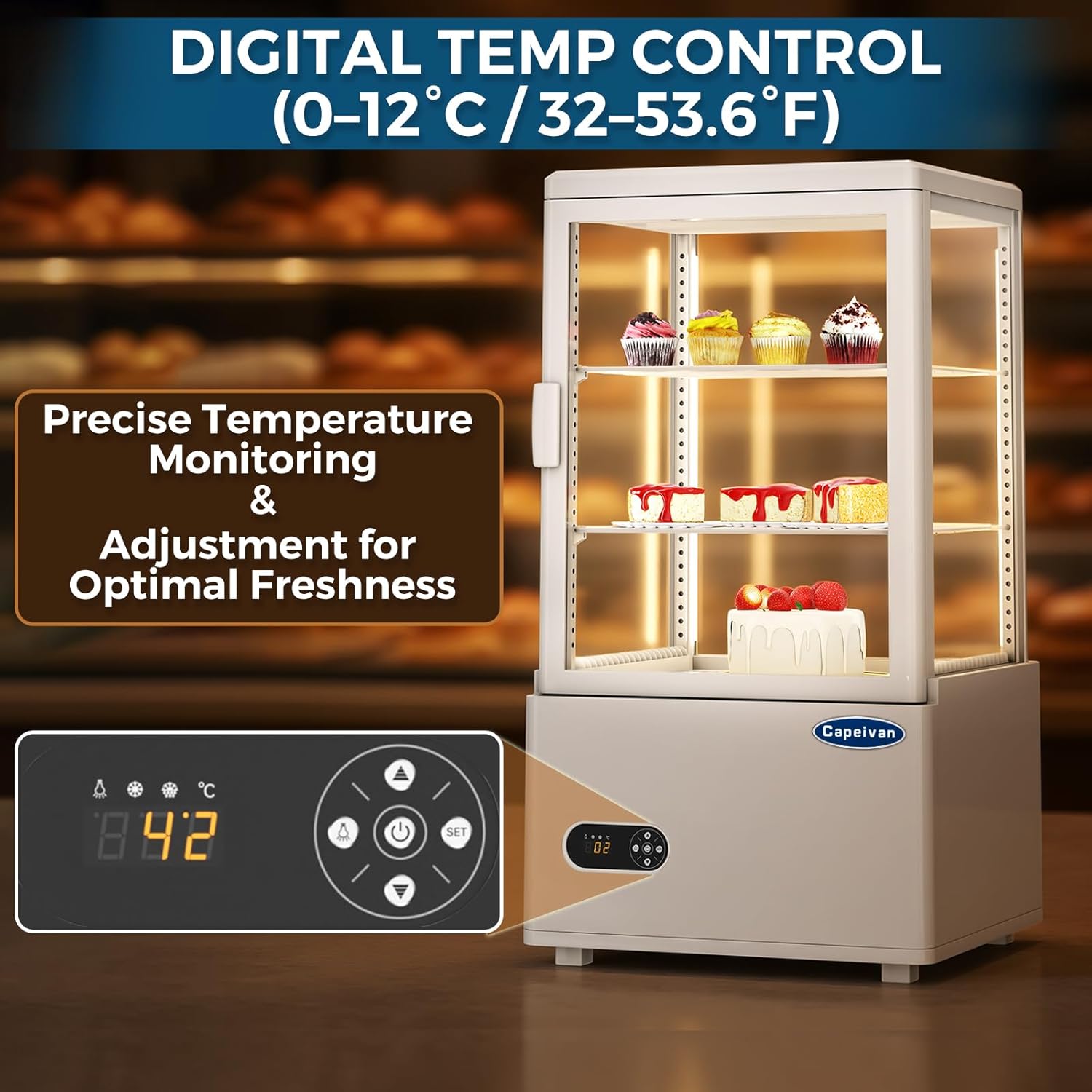 Countertop Pastry Display Refrigerator white, 2.05 Cu.Ft / 58L Commercial Bakery Showcase with LED Light, Frost-Free Glass, Digital Thermostat, 2-Tier Design for Café Store Restaurant