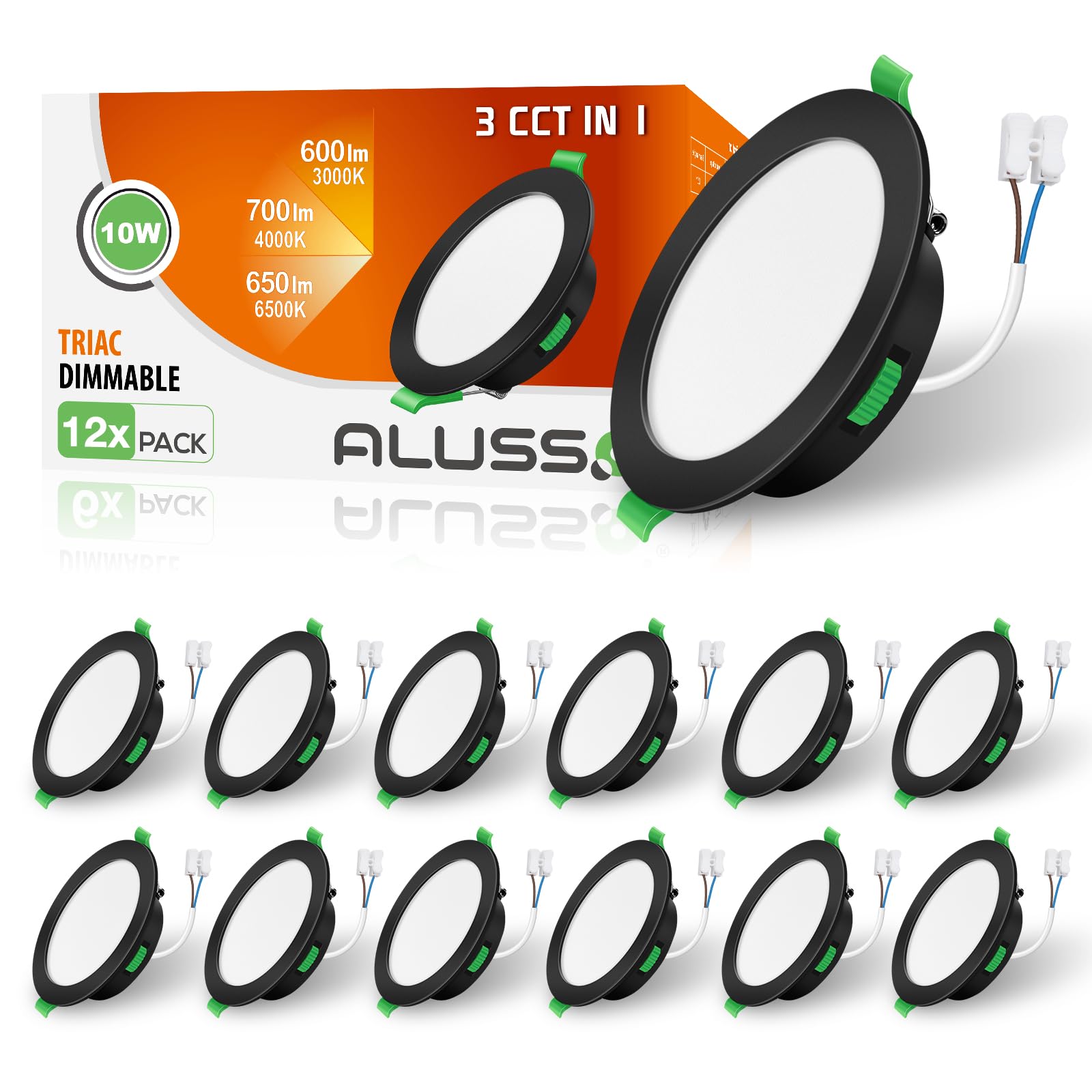 ALUSSO Ultra Slim 10W Dimmable LED Downlights, 700LM Recessed Ceiling Lights, 3000K-6500K Adjustable, 30MM Height, IP44 Rated for Bathroom, 12 Pack [Energy Class F]