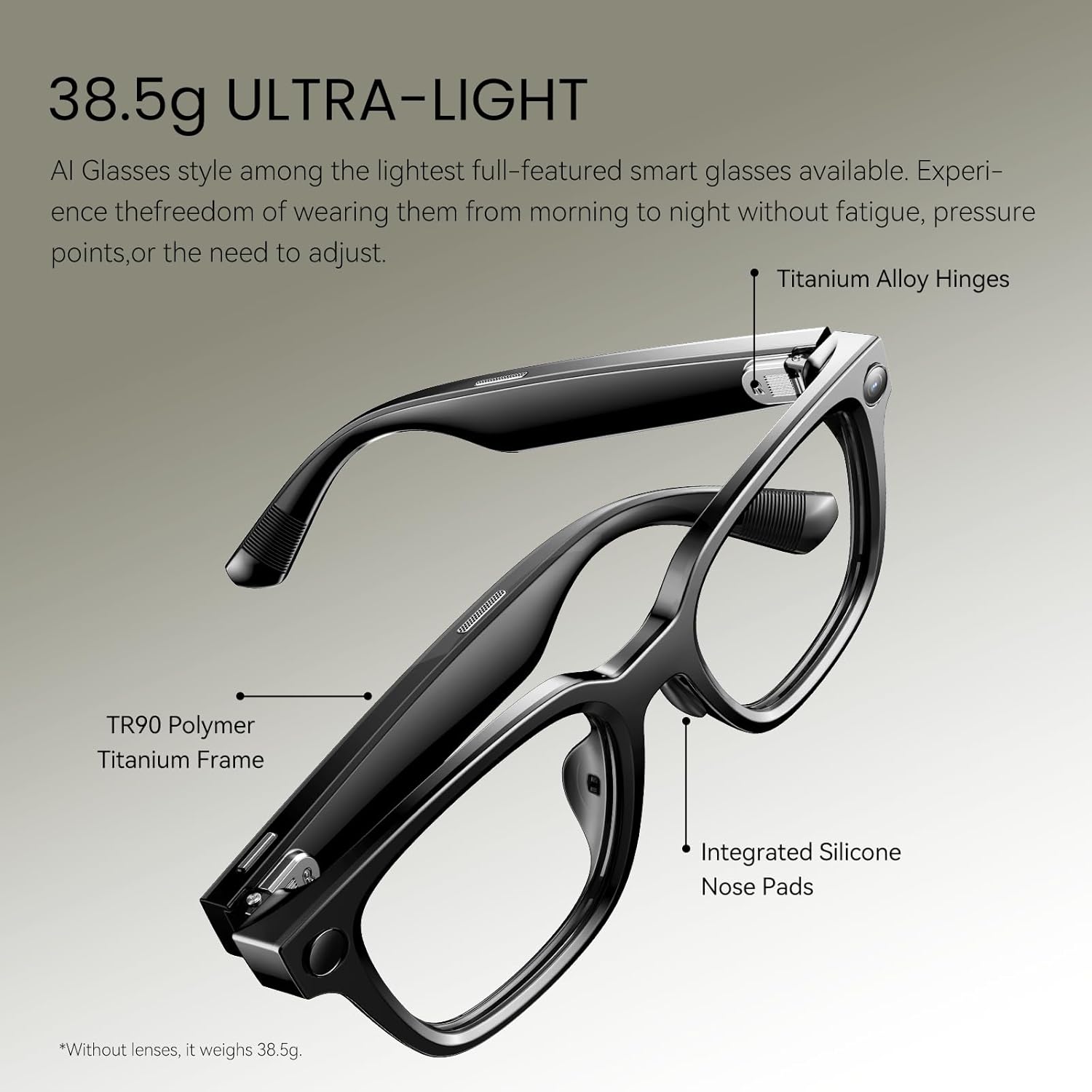 Close-up of the open-ear audio speakers on the temple of the Rokid AI Glasses Style.