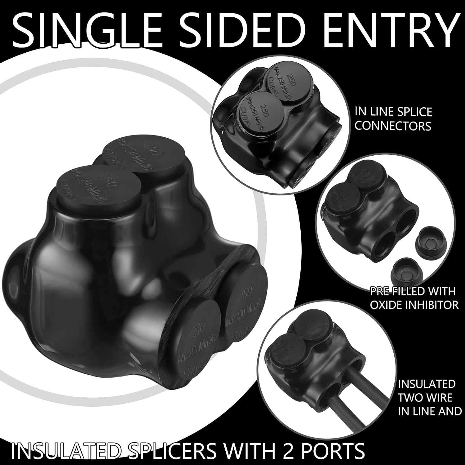 3 Pcs Black Insulated Multi Cable Connectors Vinyl Coated Wire Insulated Splicers with 2 Ports Single Sided Entry, Dual Rated for Copper Aluminum (250-6 Wire Range, 2.22 L x 2.3 W x 2 H)