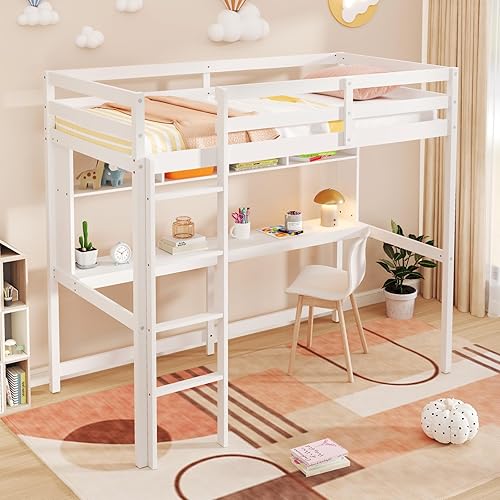 Miniatura 3 de Giantex Cama alta individual con escritorio y estantería, marco de cama alta de madera maciza con barandillas de seguridad y escalera, marco de cama