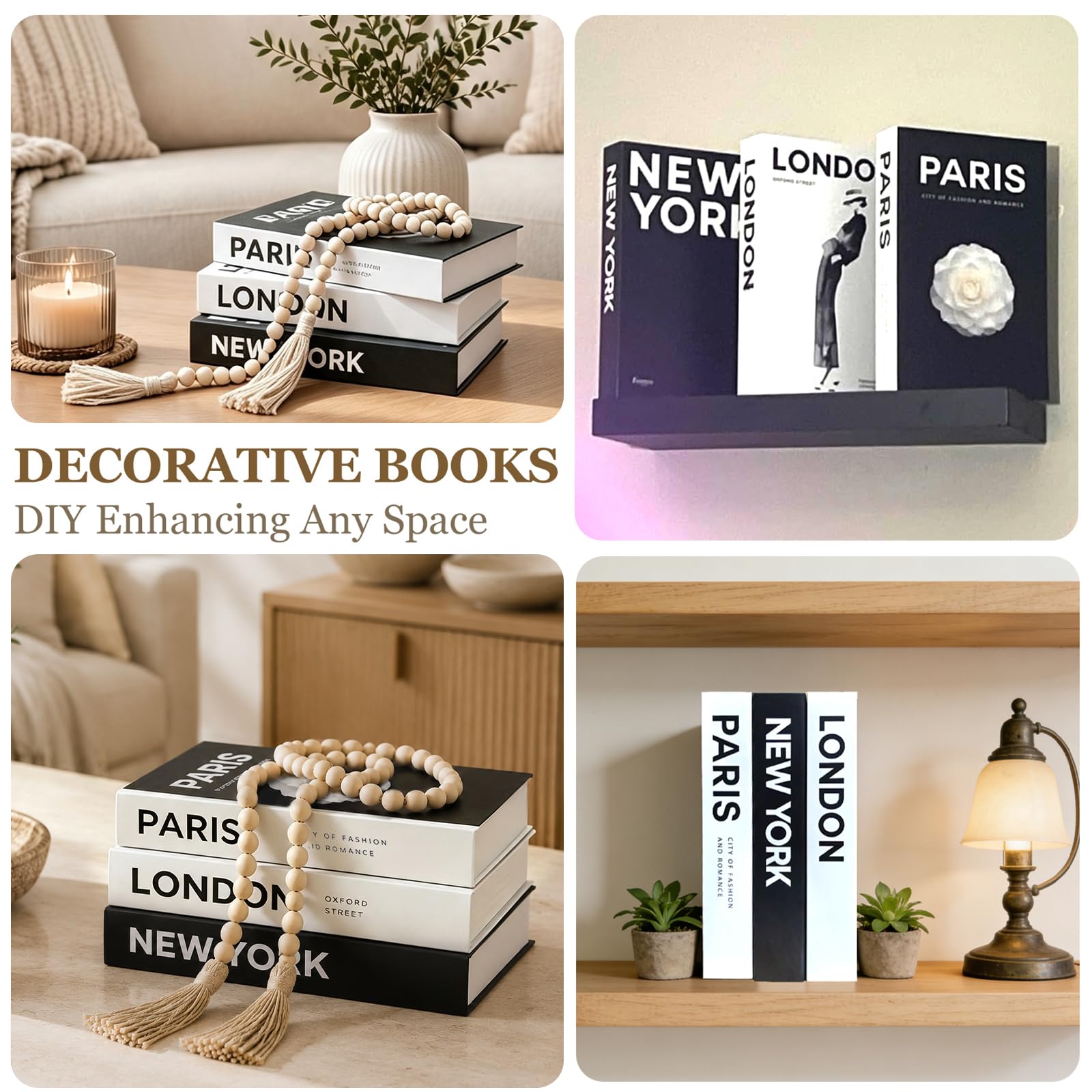 Libri decorativi per la casa, set di 3 libri finti in bianco e nero con nappe di perline di legno, decorazione estetica per la stanza, decorazione per tavolini, soggiorno, decorazione per scaffali,
