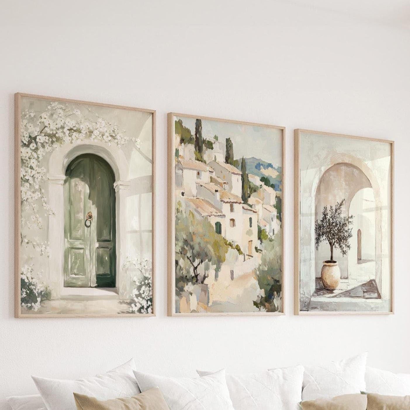 Set of 3 Mediterranean Coastal Wall Art Prints, Neutral Beige Seaside Landscape Artwork with Sage Green Tones, Minimalist Wall Decor for Living Room Decoration, Unframed (30×40cm)