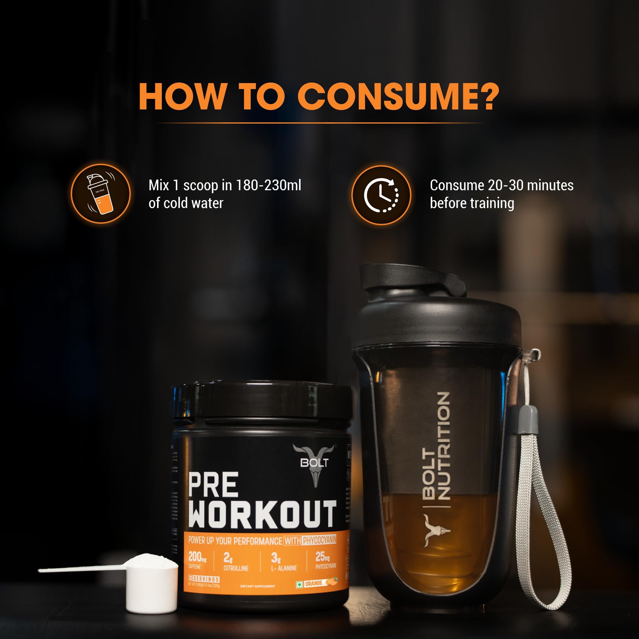 Bolt Pre Workout Supplement | 300 grams,30 Servings |With Caffeine Powder, Citrulline Malate, B-Alanine, Taurine For Explosive Energy, Pump & Focus | Orange Tangy 3