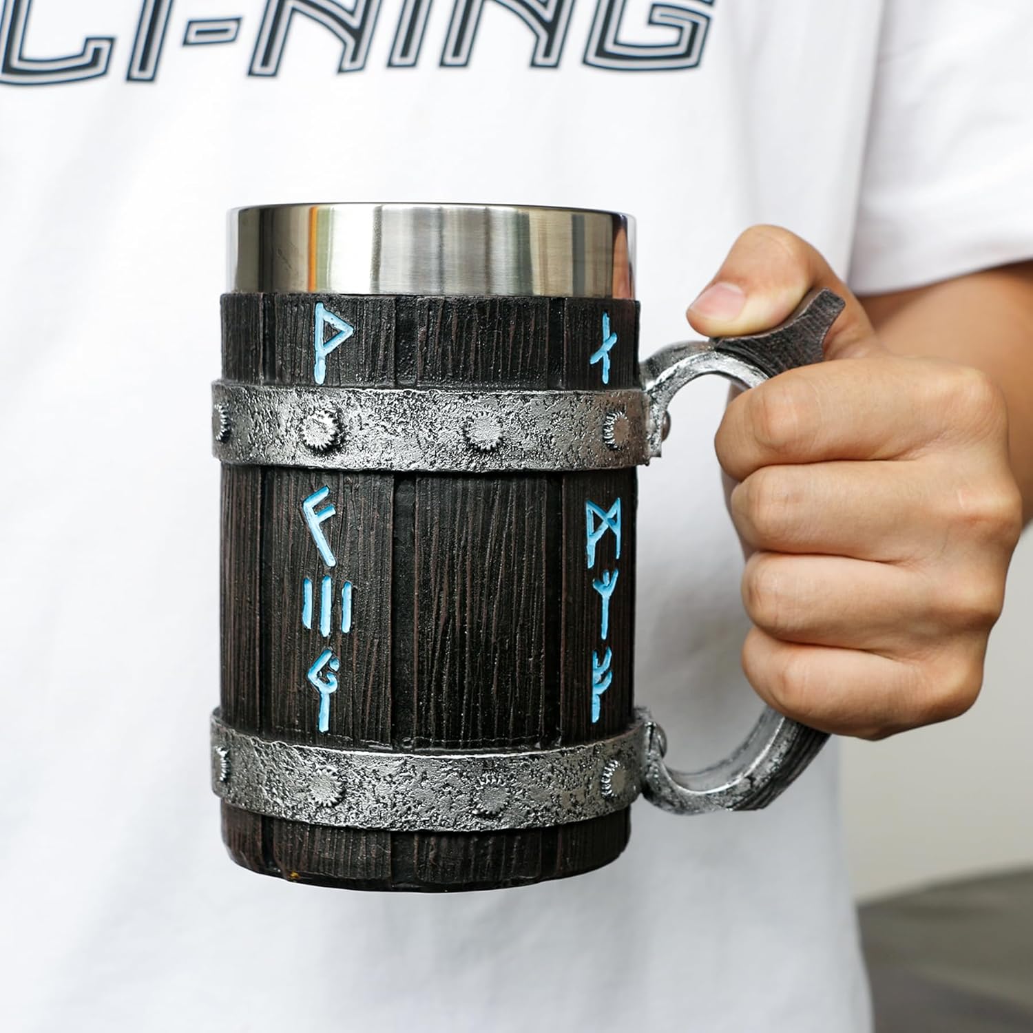 Viking Coffee Mug Gifts for Men - 21OZ Large Viking Rune Cup Wood Style Beer Stein with Handle, Stainless Steel Tankard Beer Mug, Antique gifts for Men Bar Restaurant Renaissance - Image 7