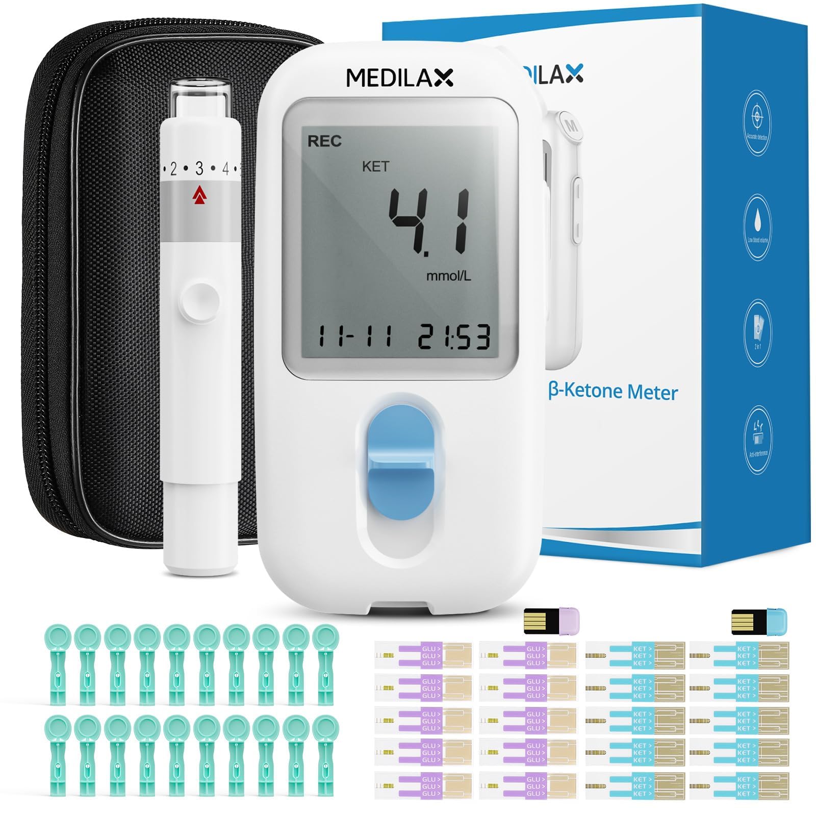 Medilax Blood Ketone and Glucose Meter, Testing Kit for Ketogenic Diet & Diabetes Management, Includes 1 Meter, 1 Lancing Device, 20 Ketone Strips, 20 Glucose Strips, 20 Lancets