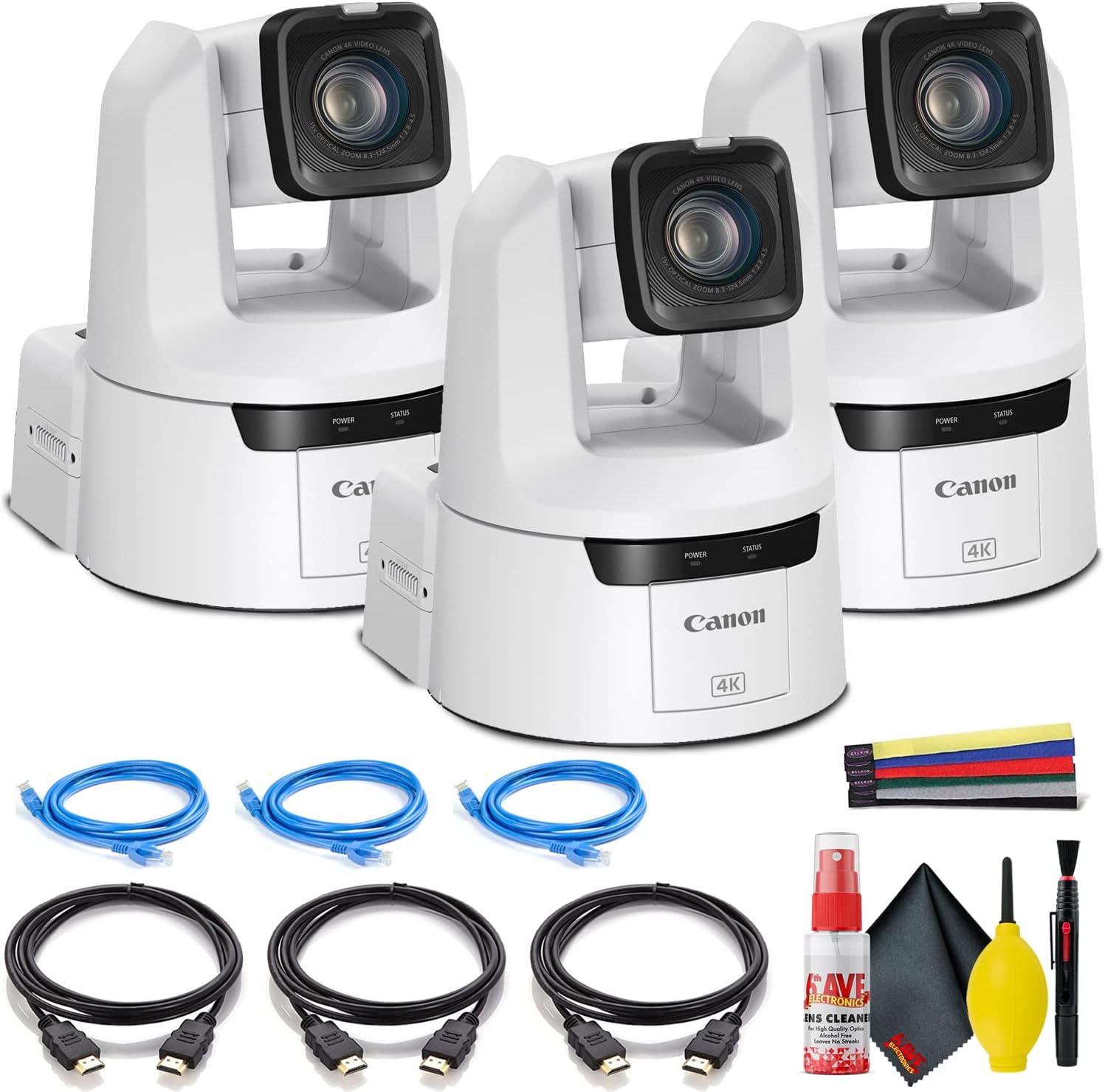 Canon 3 x CR-N500 Professional 4K NDI PTZ Camera with 15x Zoom (Titanium White) (4839C002) + 3 x Ethernet Cable + Cleaning Kit + Wire Straps + 3 x HDMI Cable + More