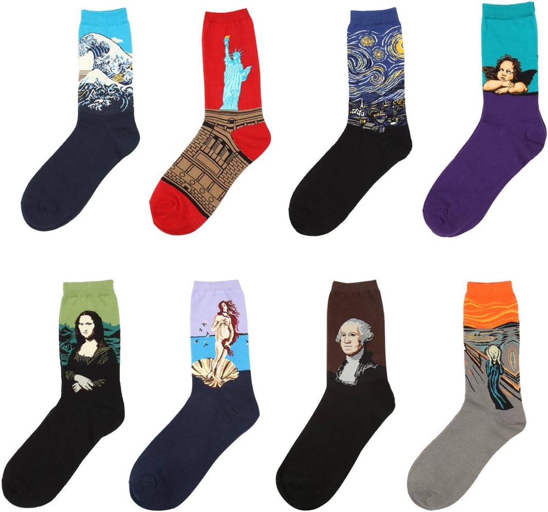 Ideasox Men's Art Patterned Casual Crew Socks 8-Pack Van Gogh Painting
