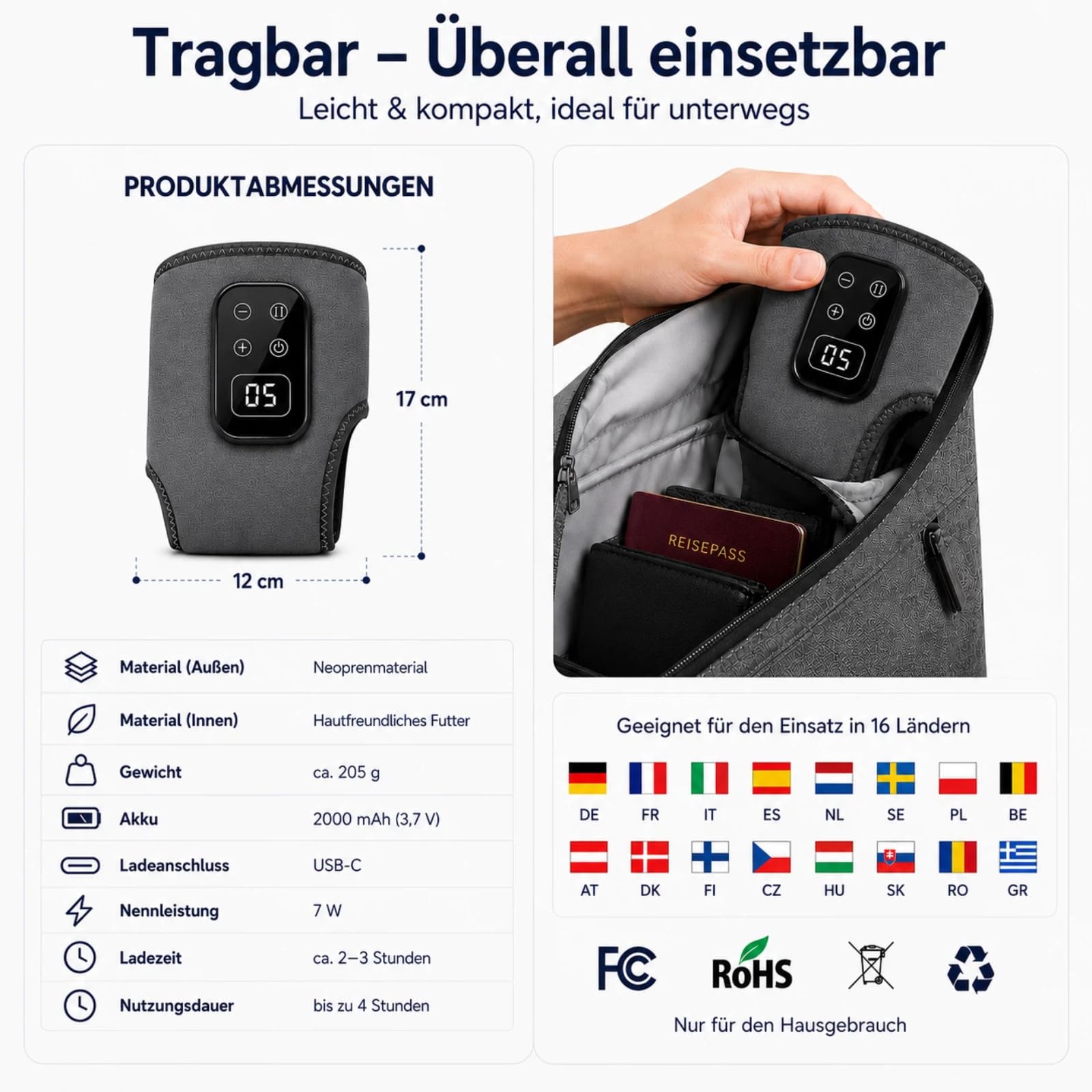 Elektrisches Fußmassagegeräte mit Wärme zur Förderung der Durchblutung und Linderung von Schmerzen, 5 Massagestufen & 6 Heizstufen für Knöchel, Ferse & Fußsohle, 2 Stück