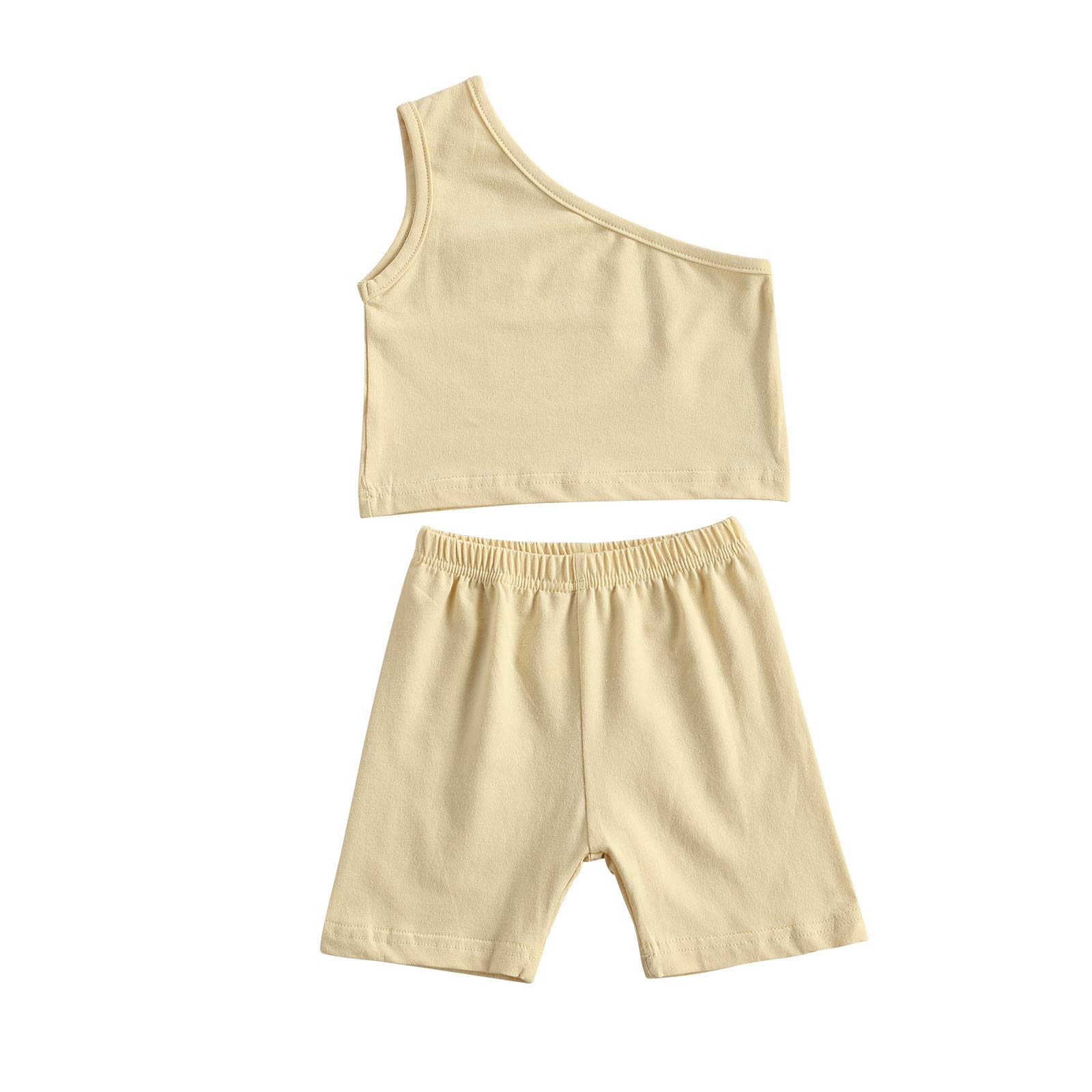 Niño Bebé Niña Algodón Un Hombro Tank Top Chaleco+Pantalones Cortos Color Sólido Traje De Dos Piezas Conjunto Casual Ropa De Verano, A-Apricot, 3-4 años