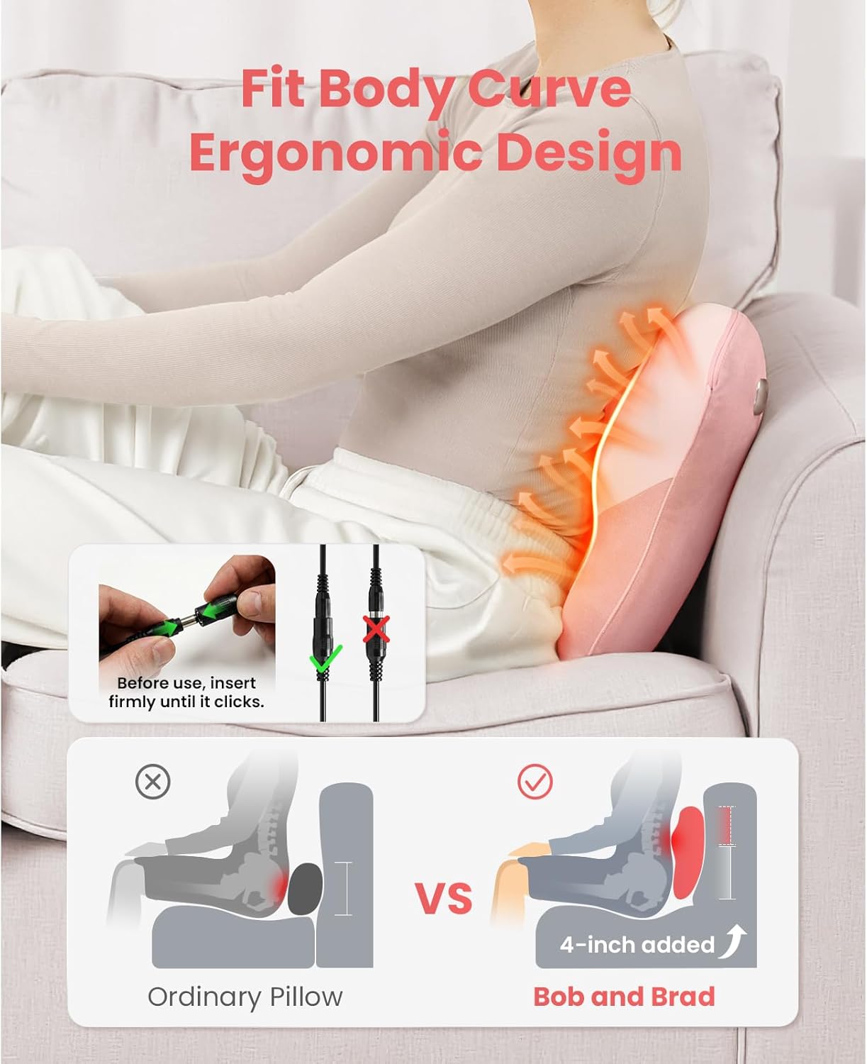 bob and brad back massager with heat fsa eligible, ezback corded back massager for pain relief deep tissue, shiatsu back massage pillow, soothing muscle tension upper & lower back relief blush pink