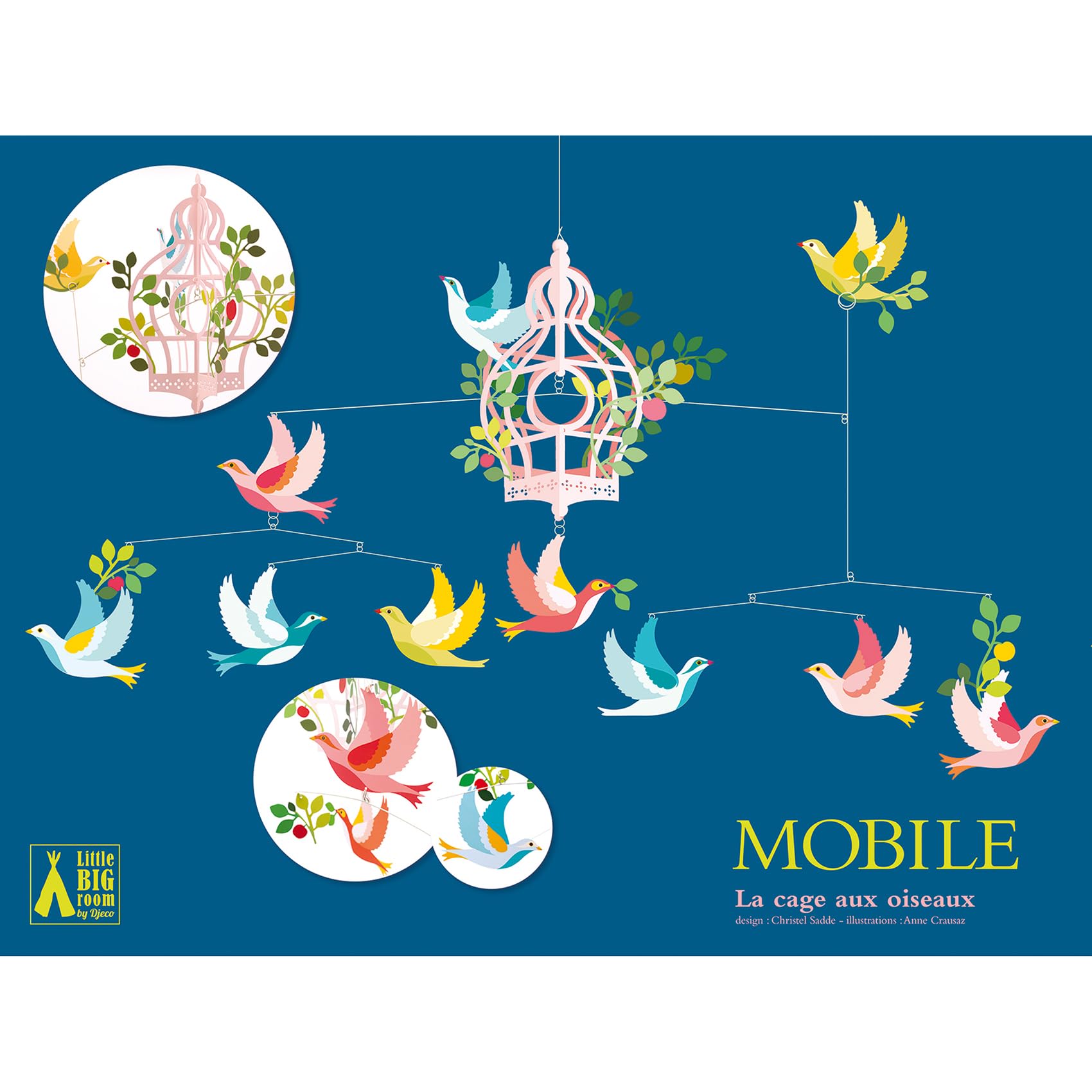 DJECO, Mobile bébé, La Cage aux oiseaux, 80 x 48 cm | Décoration de Berceau, Cadeau Naissance, Favorise l'Éveil, Facile à Suspendre, Fixation Adhésive, Papier et Métal