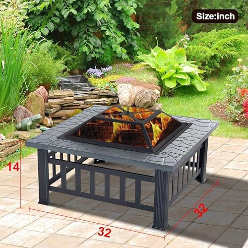 Miniatura 6 de Mesa portátil para fogata de 32 pulgadas, chimenea cuadrada multiusos para exteriores, chimeneas de metal para exteriores con marco de acero fuerte