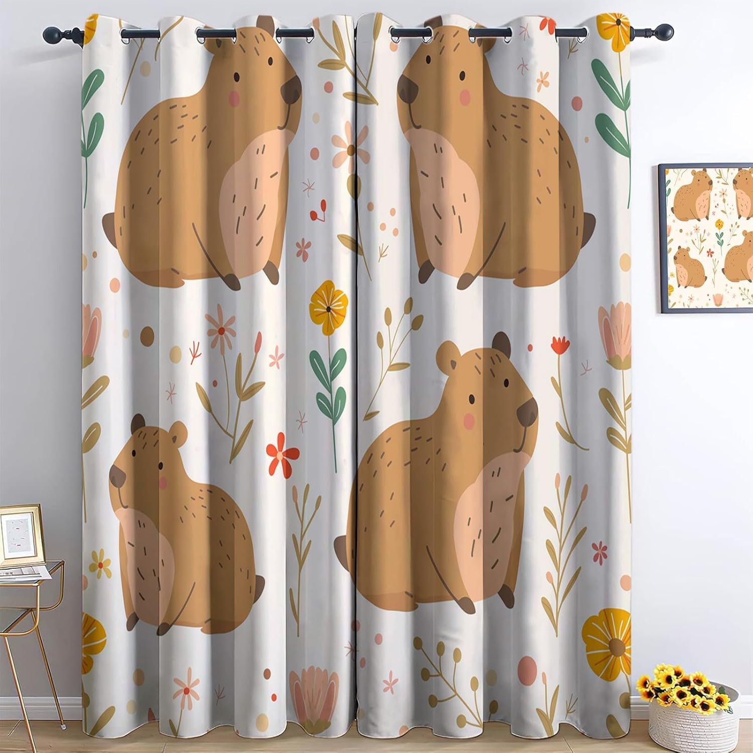 Rideau occultant capybara mignon lot de 2 isolant thermique 91.5x214 cm
