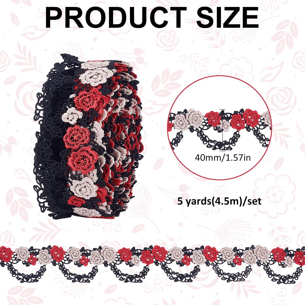 MAYJOYDIY 4,5 m rose rosse ricamate in pizzo 40 mm applique floreali gotiche cucito artigianato vite nero bordo pizzo nastro per cappelli abiti costume abbellimento fai da te decorazione festa