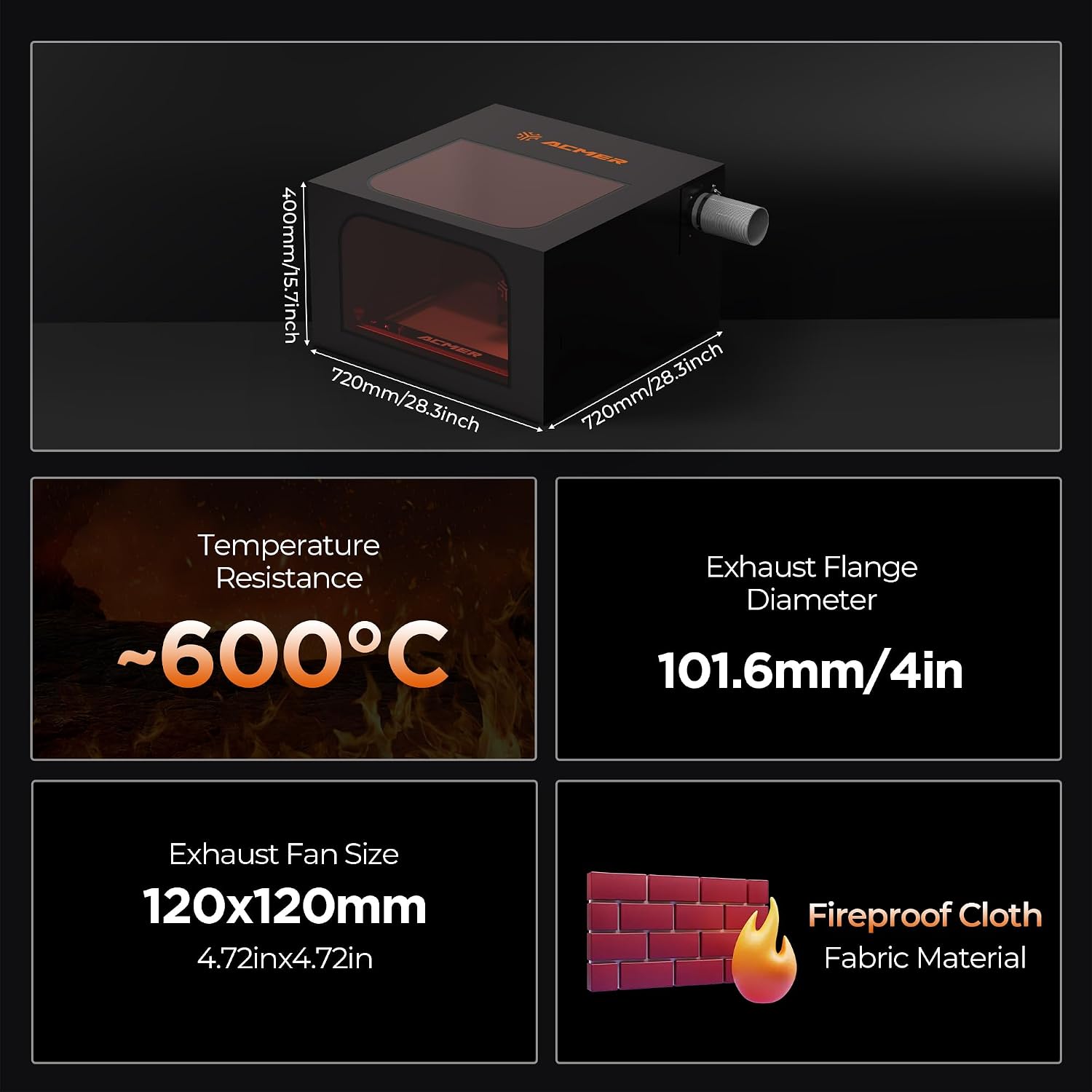 ACMER R20 Laser Engraver Enclosure, Fire-Resistant Protective Cover for Laser Engraving Machines up to 700×700×400 mm, Smoke Ventilation, Noise Reduction, Viewing Window