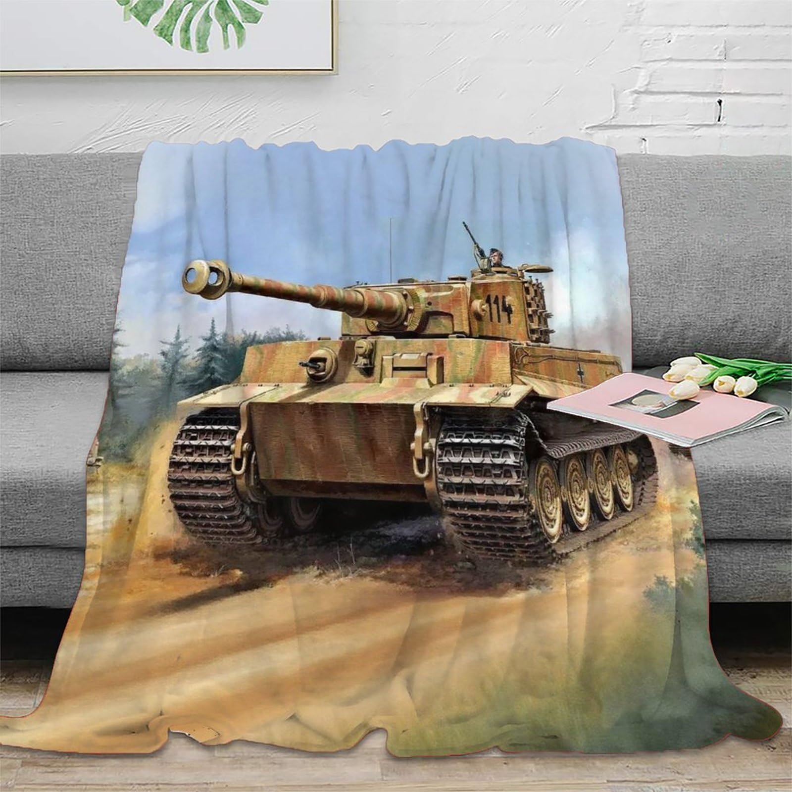 Przytulny koc 150 x 200 cm, lekki koc flanelowy, czołg z II wojny światowej, na kanapę, ciepły tygrys, koc polarowy, jako narzuta na kanapę, do salonu, podwójny koc o szerokim zastosowaniu