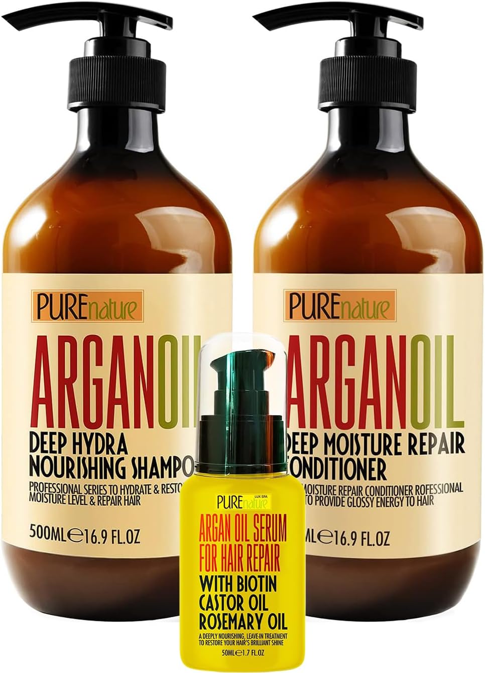 PURE NATURE Moroccan Argan Oil Shampoo and Conditioner and Hair Serum with Biotin, Castor, Rosemary Oil
