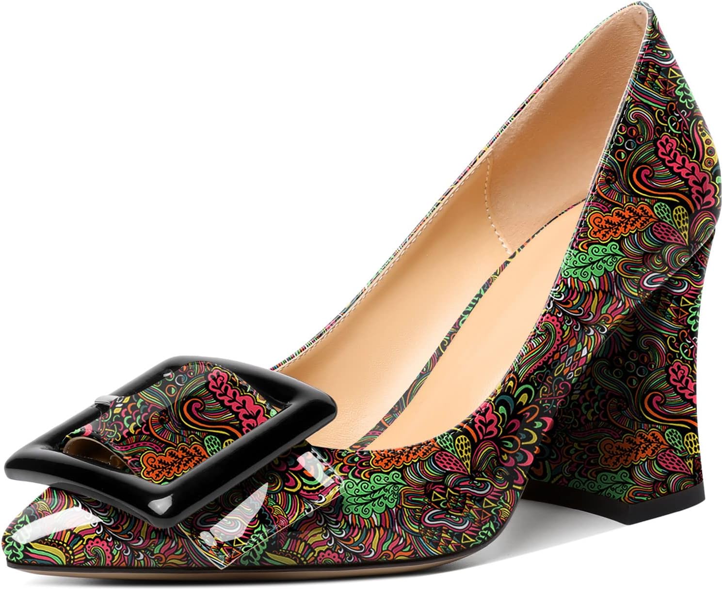 Zamikoo Women Chunky Heel Pumps Block High Heel Slip On Closed Pointed Toe Dress Pumps with Buckle for Work Casual Daily Life Party Dress Shoes