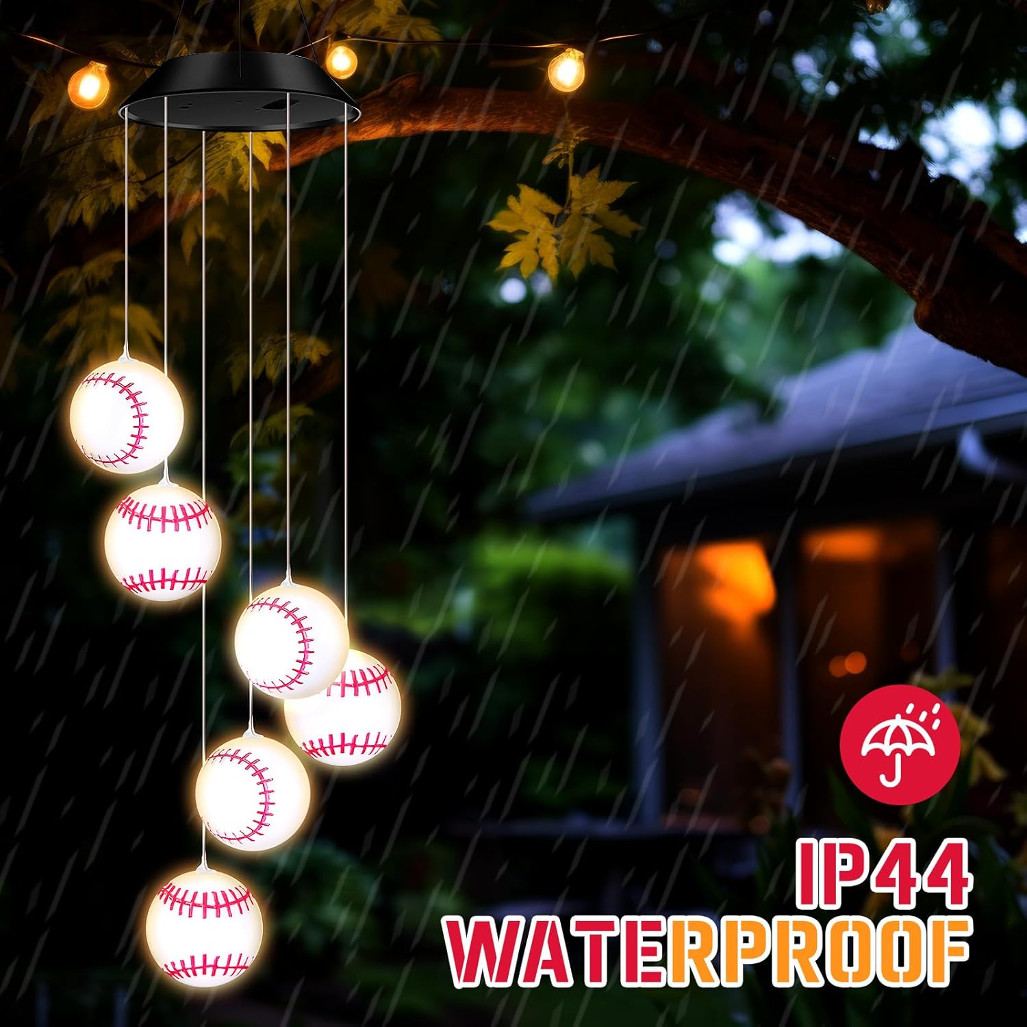 Solar Wind Chimes Sport Party Favors Outdoor LED Lights Birthday Theme Hanging Decoration Mobile Wind Chime for Garden Patio Yard Porch Sports Bar Team Party Gifts(Baseball)