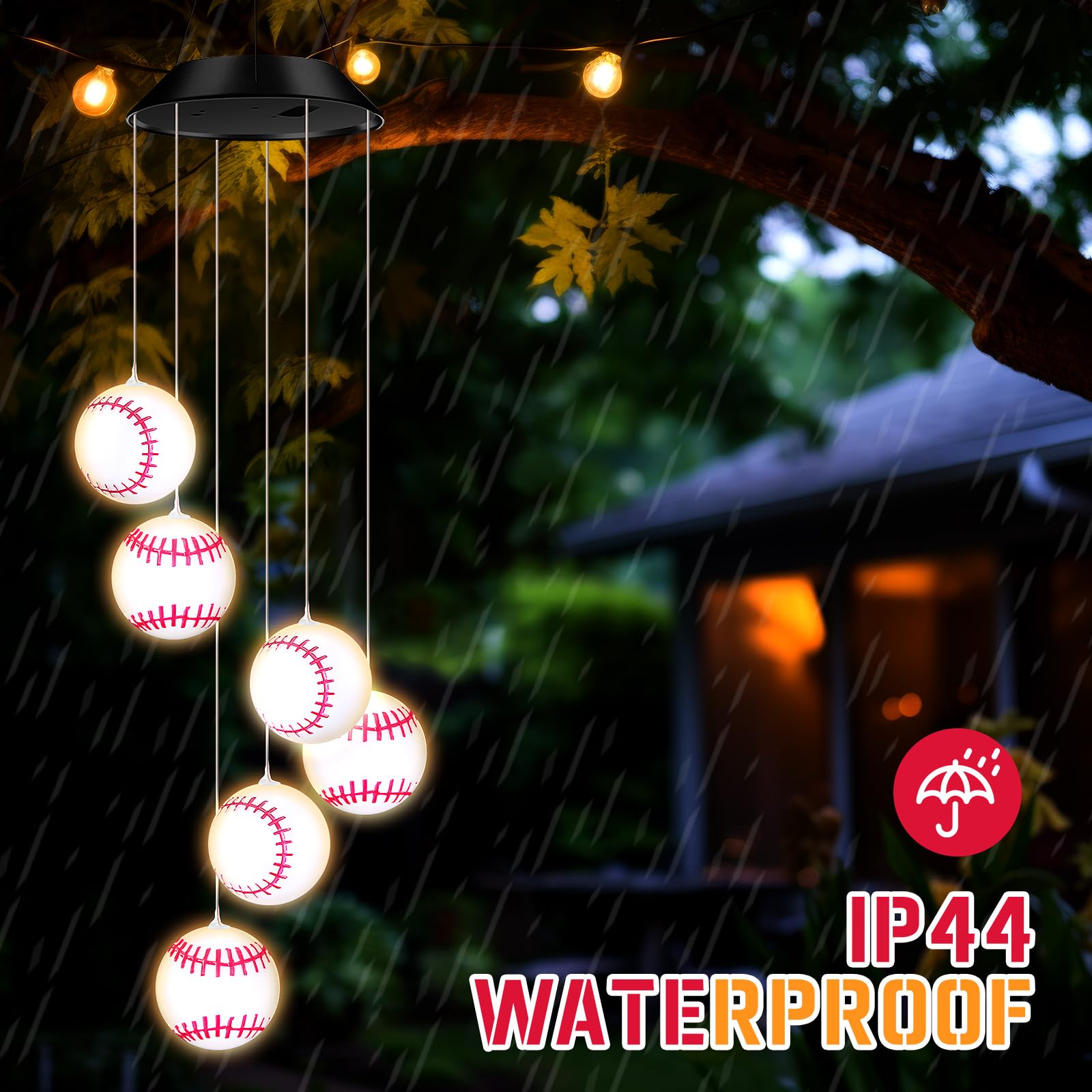 Wonderjune Campanas de viento solares para fiestas deportivas, luces LED al aire libre, temática de cumpleaños, decoración colgante móvil para jardín, patio, porche, bar deportivo, bar, regalo de