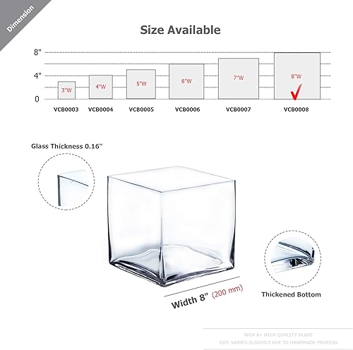 Miniatura 2 de WGV - Jarrón de vidrio en forma de cubo, portavelas, 8 x 8 x 8 pulgadas, transparente y elegante, contenedor de decoración floral para decoración de