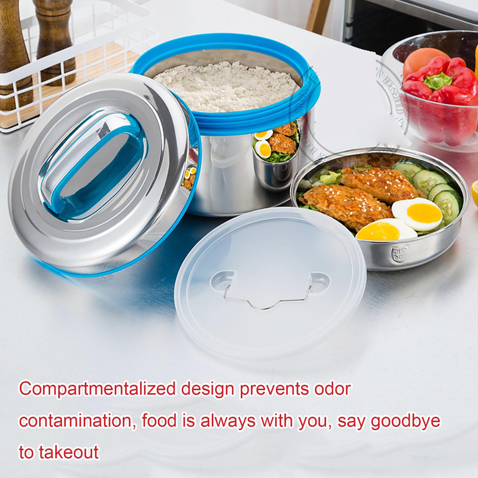 Fiambrera térmica de grado alimenticio (2,5 l/3 l/4 l), diámetro grande (21 cm), recipiente de acero para alimentos calientes, diseño de asa y diseño en capas, para la escuela, la oficina, los picni