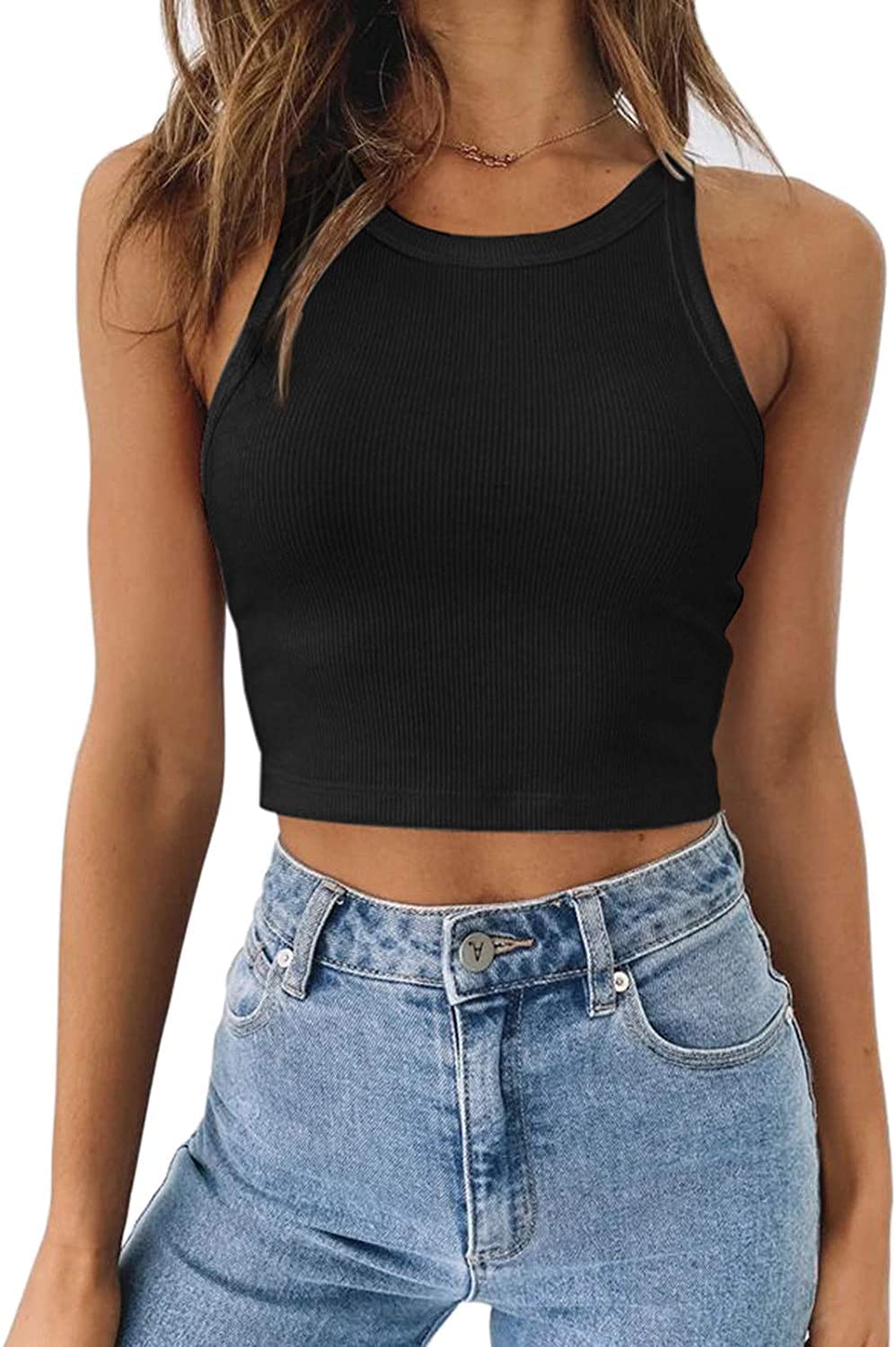 Women's Basic Sleeveless Crop Top Halter Neck Racer Back Rib Knit Tank (X-Small, Black)-picture-43