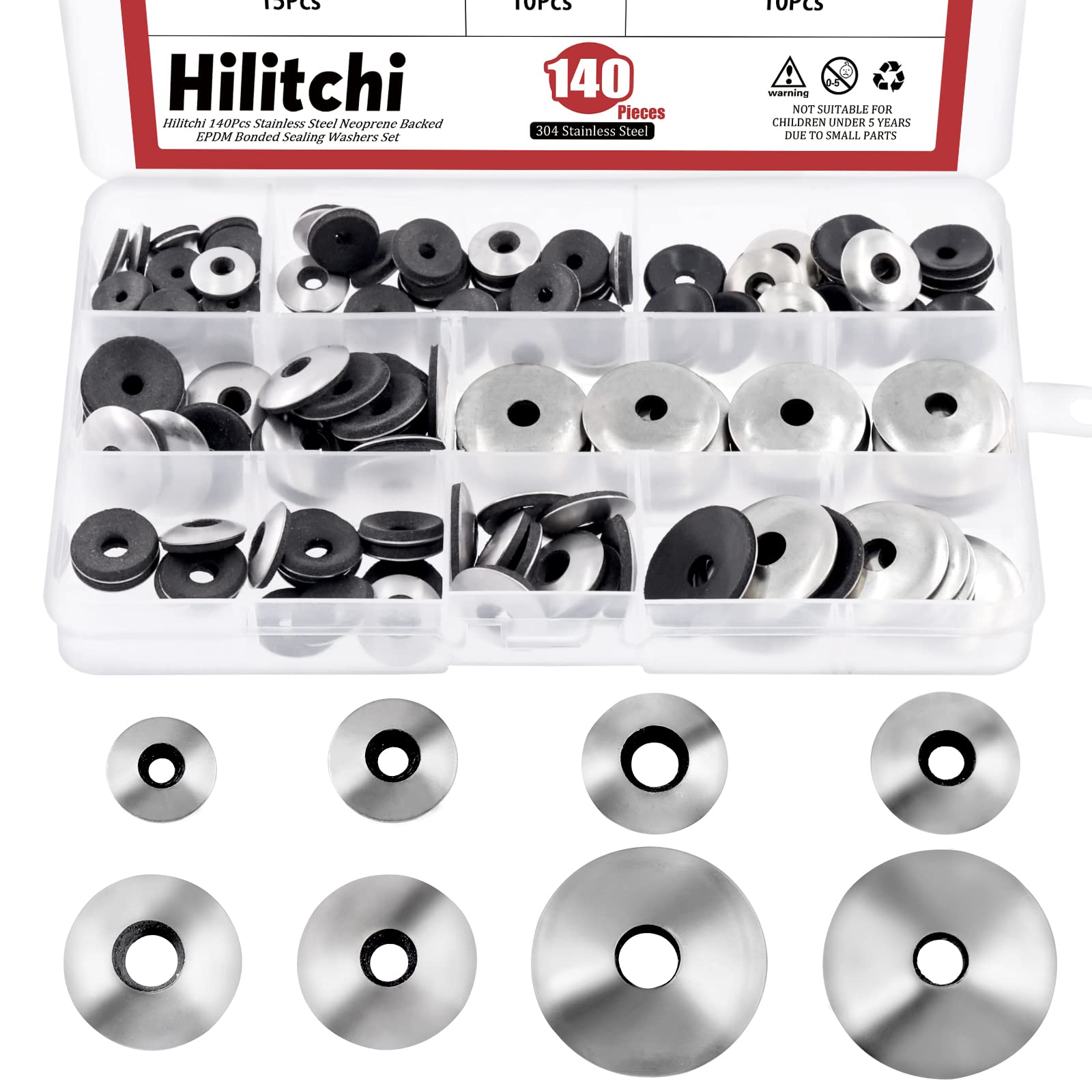 Hilitchi 140Pcs 8Sizes Stainless Steel Neoprene EPDM Bonded Sealing Gasket Washers, Cushioning Washers Assortment Kit