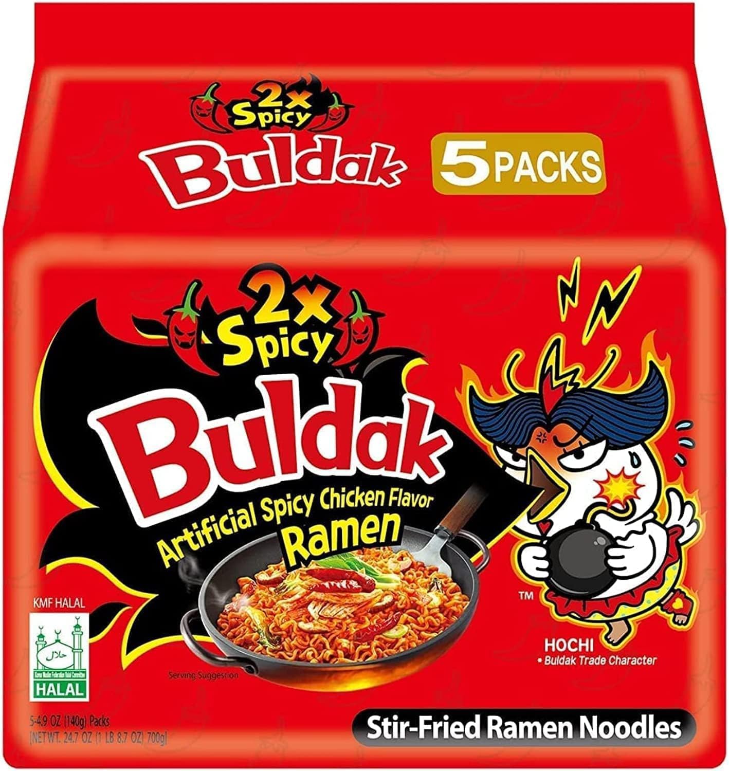 Bulldak 2x Spicy Hot Chicken Flavour Ramen Noodles - 140g (Pack of 5) | Double the Heat, Double the Challenge! | Authentic Korean Flavor | Thick & Chewy Noodles | Quick & Easy