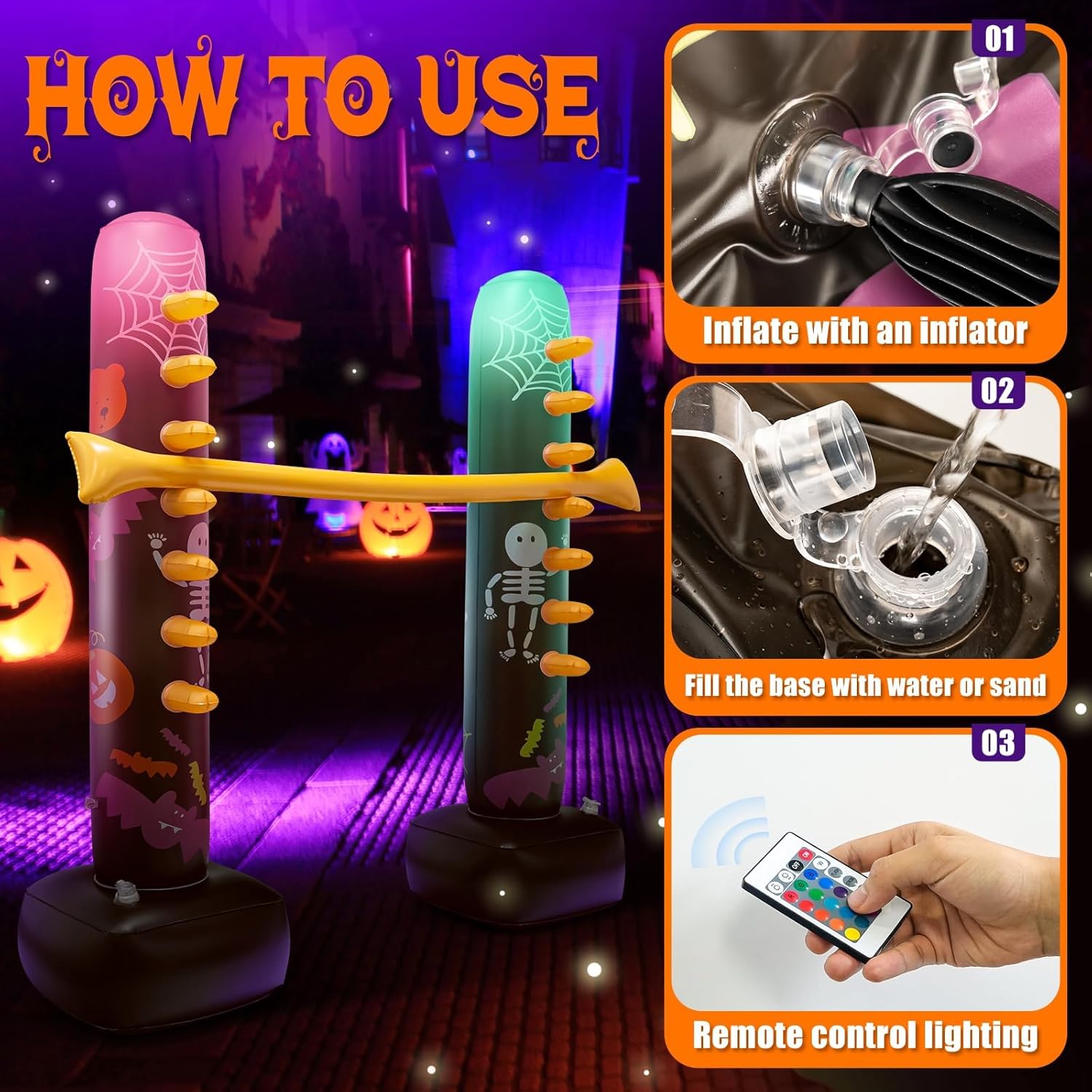 Light Up Halloween Inflatable Limbo Game Carnival Game Spooky Limbo Stick with Color Changing LED for All Ages Lights Halloween Party Decoration for Indoor Outdoor Beach Pool Carnival Game