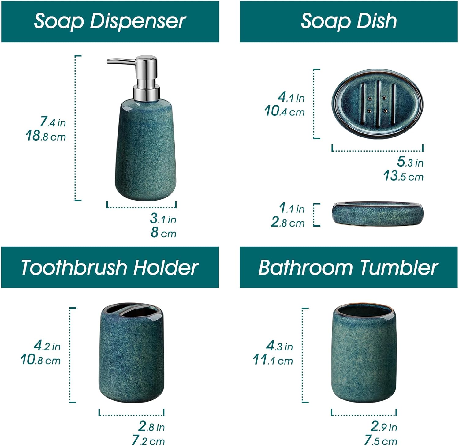 vancasso Green Bathroom Accessories Set, Ceramic Soap Dispenser and Toothbrush Holder Sets, Stoneware 4 Pcs Bathroom Sink Set for Modern Home Decor, Series Starry