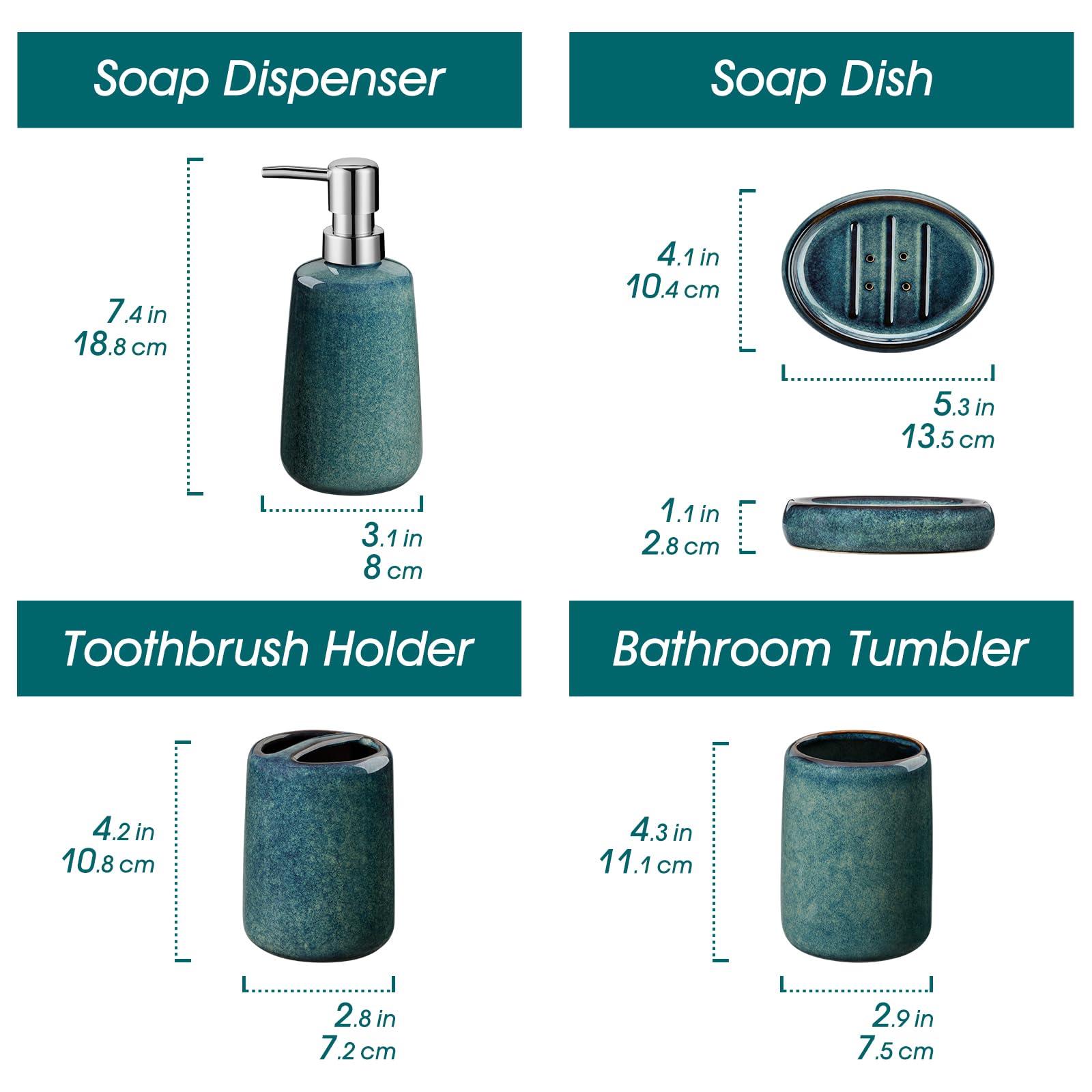vancasso Set di accessori da bagno verde, dispenser di sapone in ceramica e portaspazzolino, set da 4 pezzi per lavabo da bagno in gres porcellanato, per arredamento moderno della casa, serie Starry