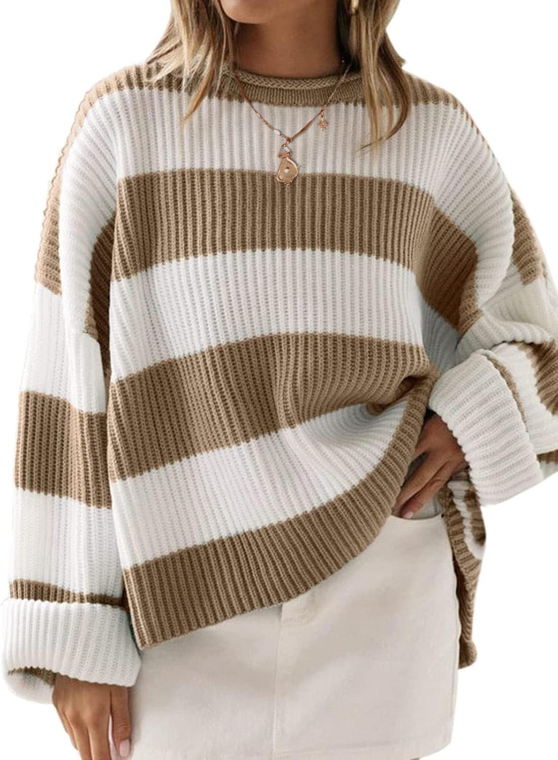 ZESICA Women's 2025 Fall Long Sleeve Oversized Striped Color Block Comfy Loose Crew Neck Knitted Pullover Sweater