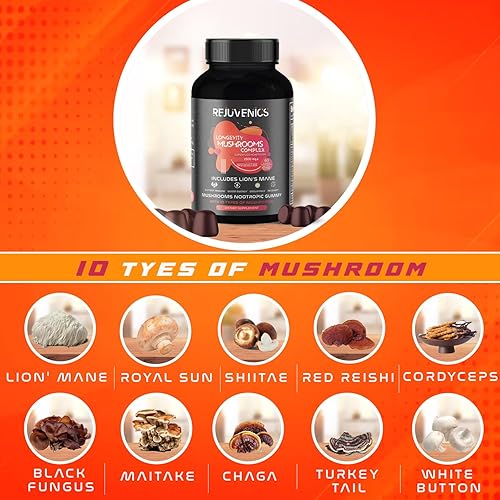 Miniatura 2 de Longevity - Gomitas complejas de hongos  hongo 10-plex 2,500 mg*** con melena de león y 9 hongos más  Refuerzo del cerebro, apoyo inmunológico,