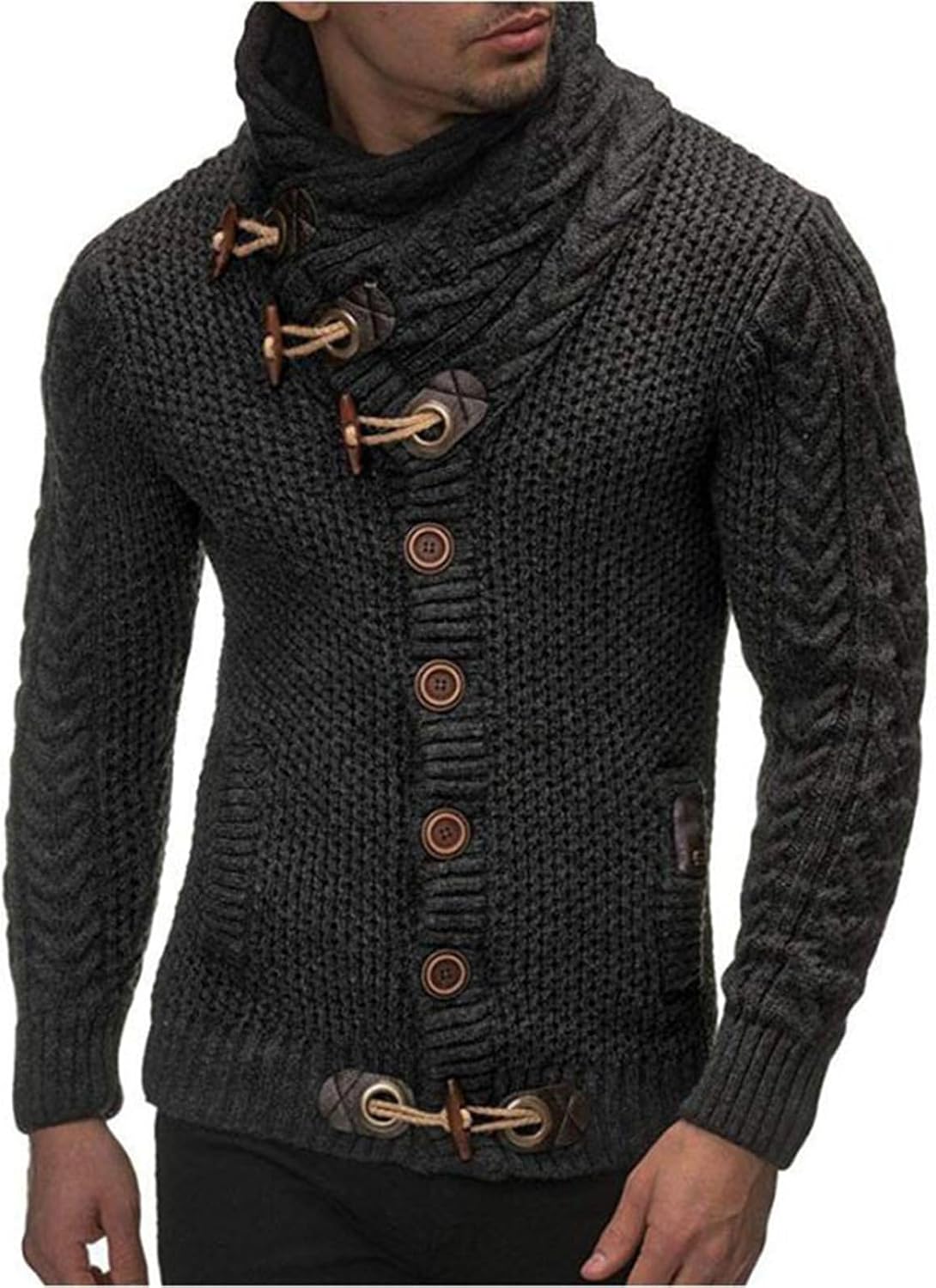 evzosrz Mens Knitted Turtleneck Jacket Turtleneck Cable Knit Button Down Fall Winter Pullover Casual Cardigan Sweater for Men
