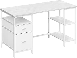 VASAGLE Computertisch, Bürotisch, Schreibtisch, mit 3 Ablagen, 2 Schubladen, 140 x 60 x 76 cm, fürs Büro, Wohnzimmer, moderner Stil, ahornweiß-wolkenweiß LWD104WF01