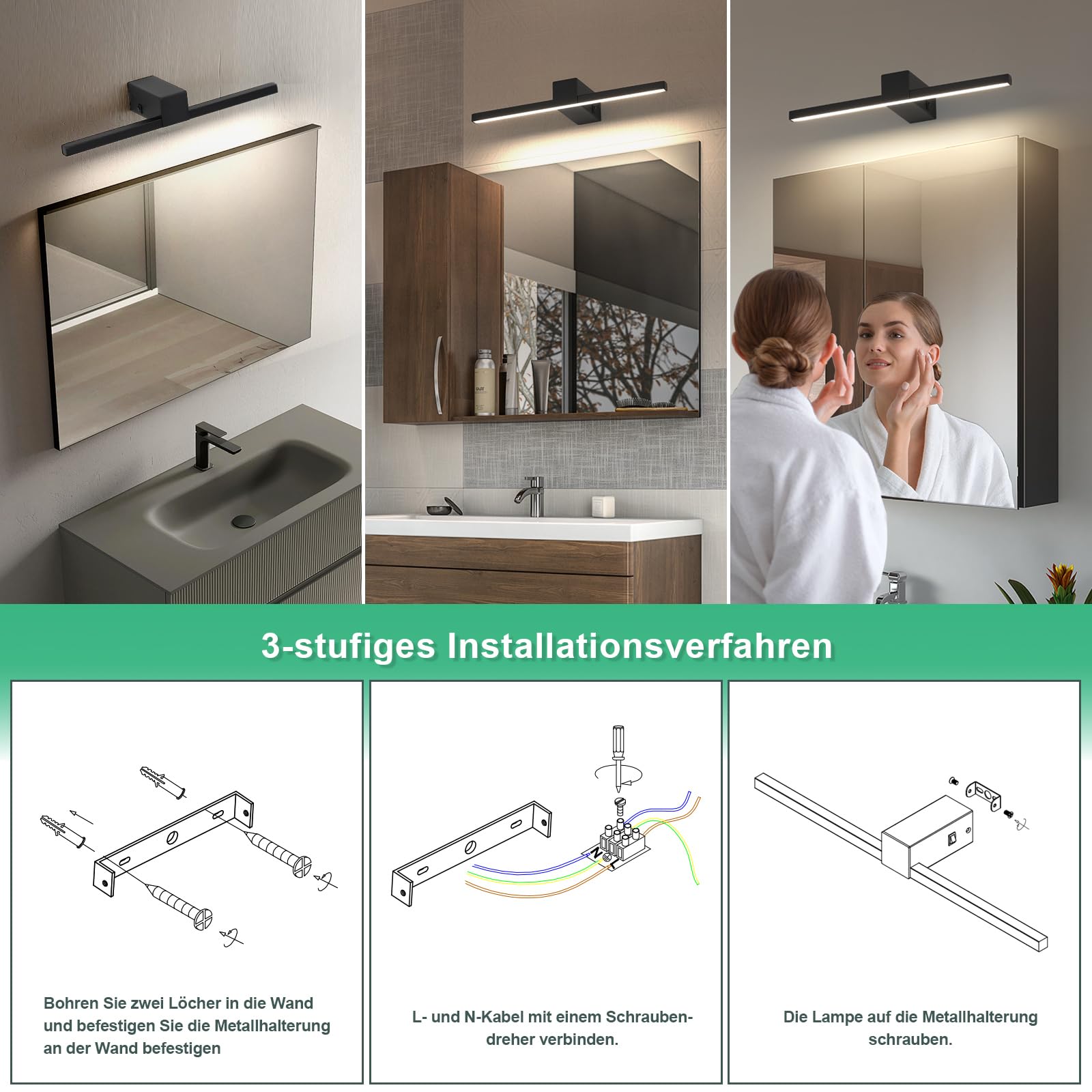 LED Spiegelleuchte Badezimmer 40cm, Badbeleuchtung IP20, 12W 960 Lumen, Badleuchte Aluminium, Neutrales Licht 4000K, Schwarz (Schwarz, 40cm)