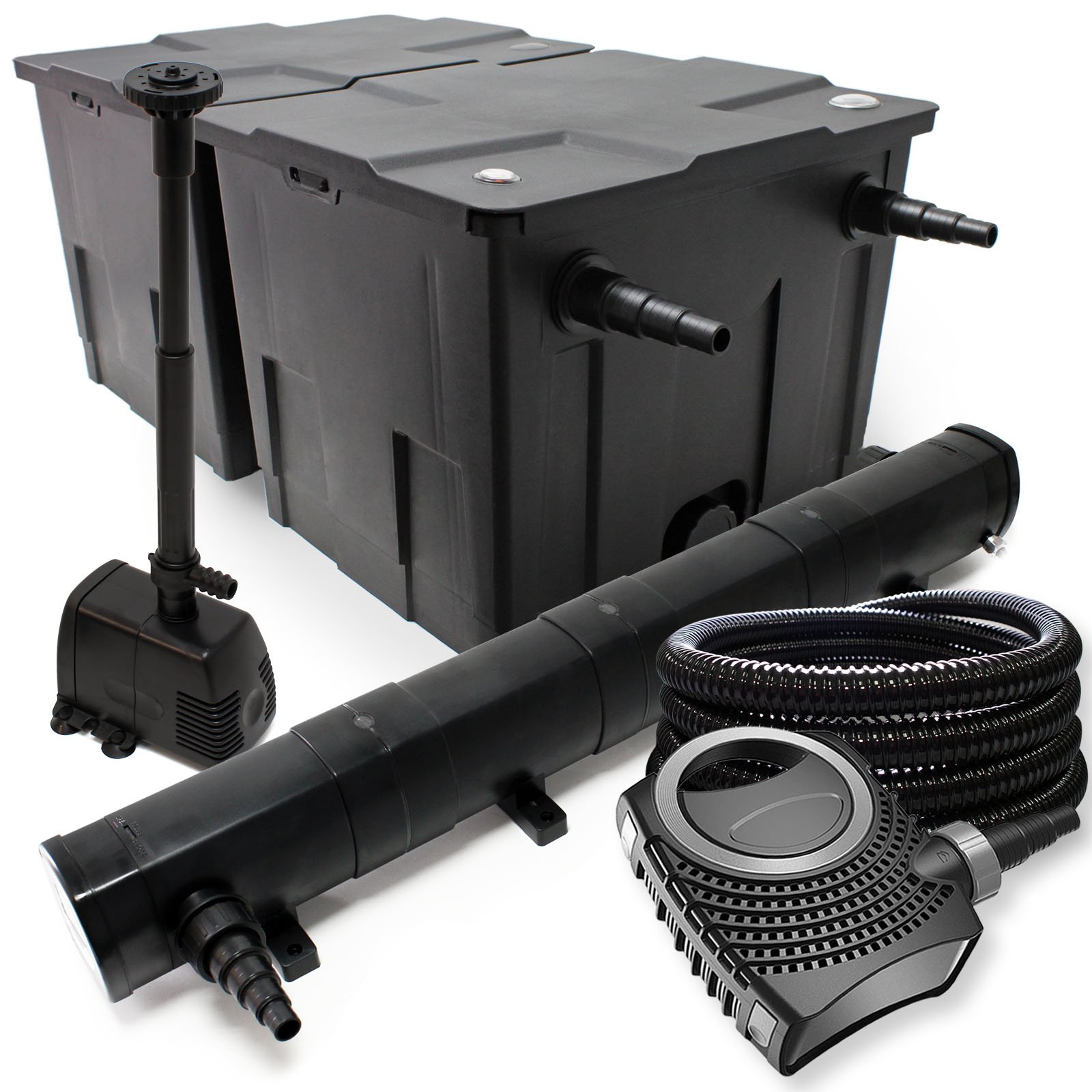 Wiltec Kit complet: CBF-350B Filtre de bassin jusqu'à 60000 L, NEO10000 pompe de filtration 10000l/h 80W, CUV-272 lampe uv 72W, 25m Tuyau 25 mm, HJ-943 fontaine 800l/h 16W