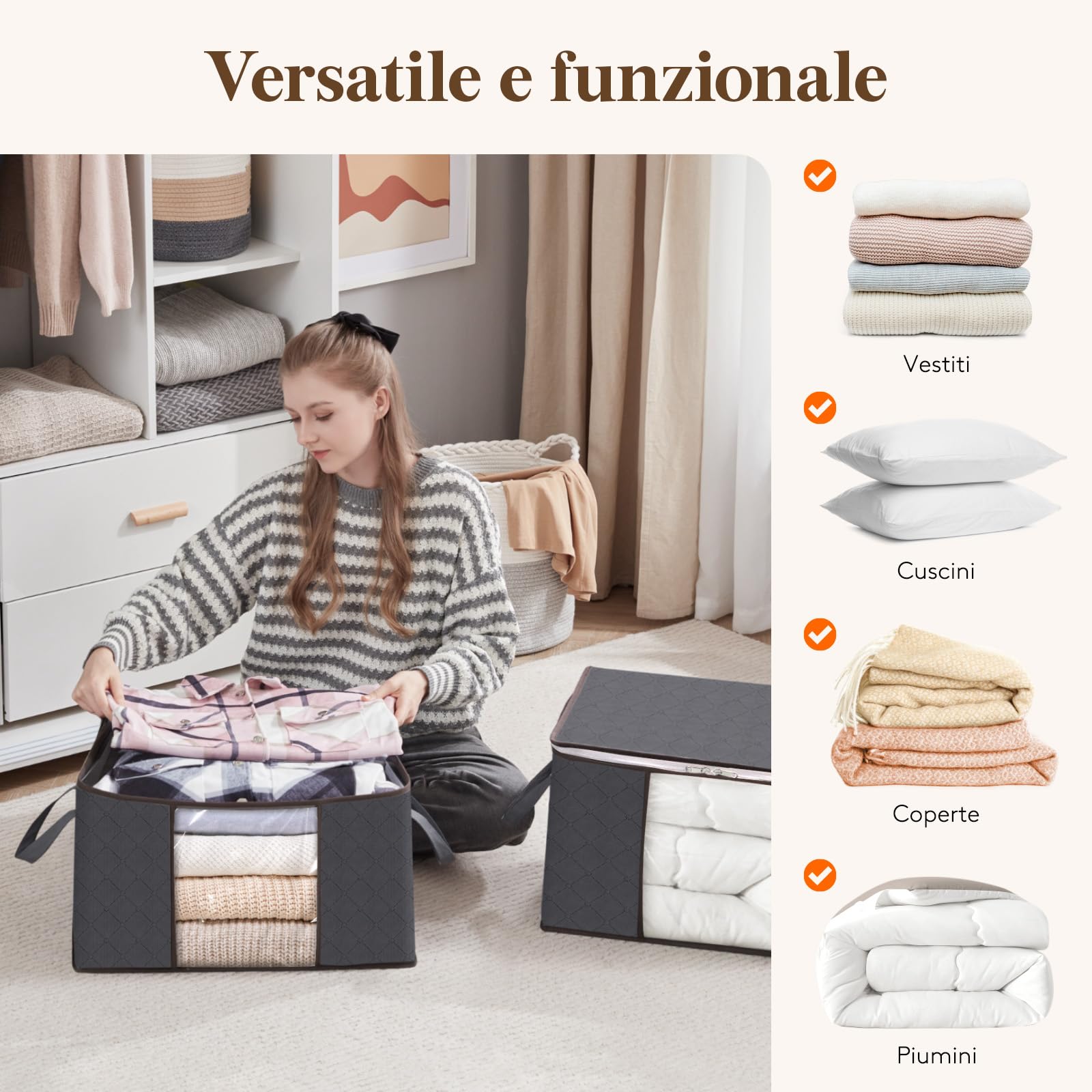 Lifewit Scatole per Armadio, Scatole Vestiti, Organizer Armadio per Piumoni, Scatola Trasloco, Buste Pieghevole per Indumenti, Coperte, Biancheria da Letto, Grigio, 60L, 6 Pezzi