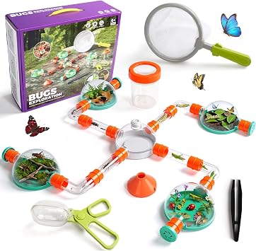 Bug Catcher Kit for Kids, Insect Catching Set with Bug Habitat, Magnifier | Outdoor Explorer Toy with Butterfly Net, Tweezers & Bug Box, STEM Nature Learning Toy Birthday Gift for Boys & Girls Ages 4-8