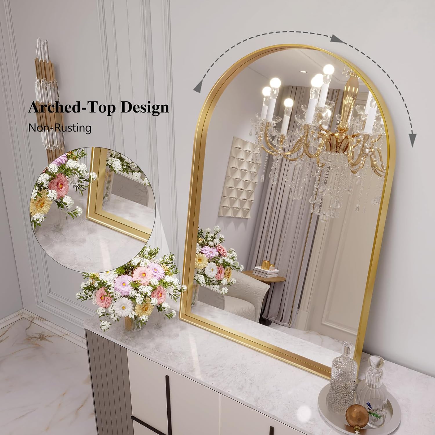 Arch Mirror, Size 40 x 30 Inch Gold Arch Mirror for Bathroom, Arched Wall Mirror, Aluminum Alloy Frame Gold Bathroom Vanity Mirror for Living Room Bedroom Entryway Mantel Hallways Decor