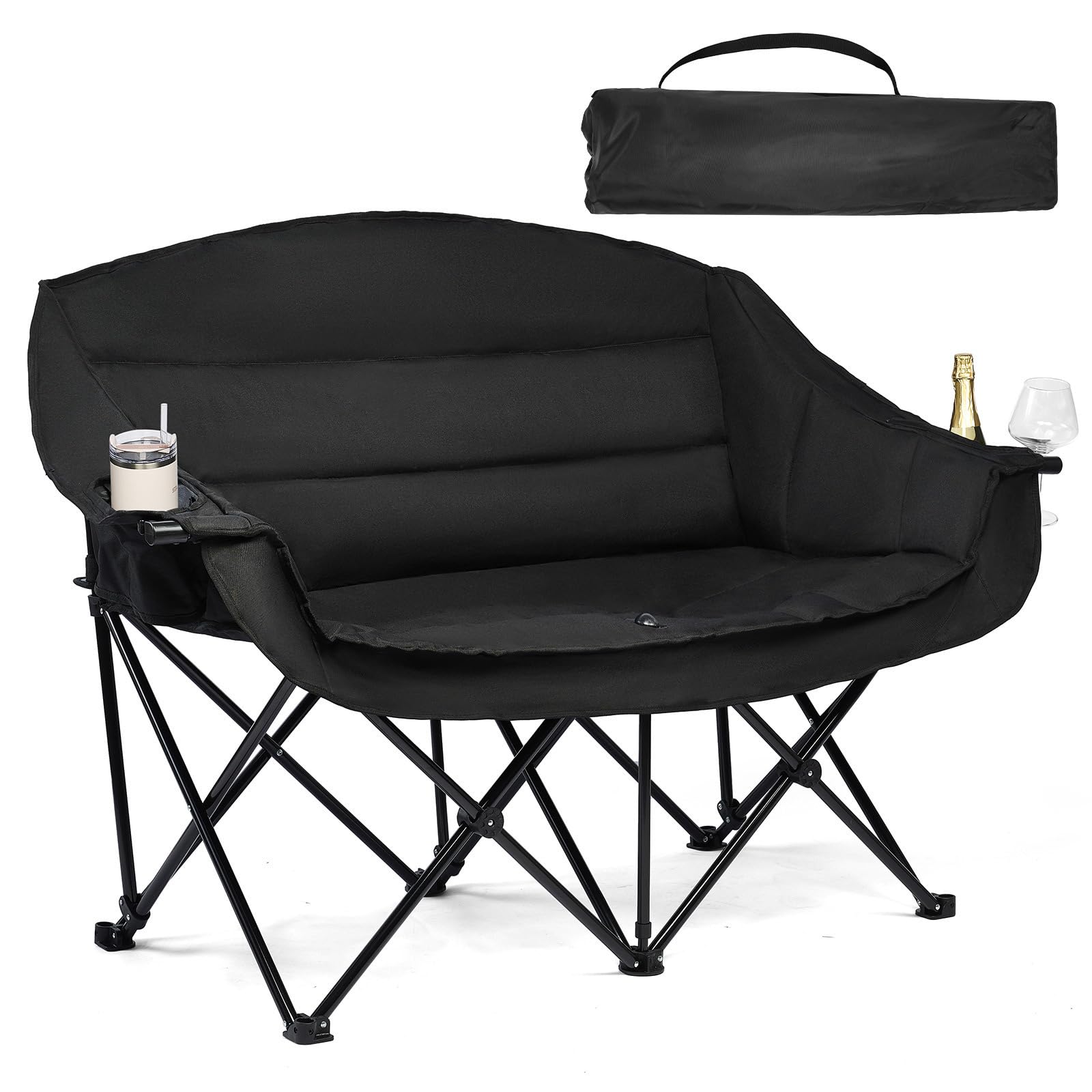 Double Camping Chair Loveseat -2 Person Oversized Padded Outdoor Camp Couch | Heavy Duty Foldable Outside Sports Lawn Beach Portable Large Chairs with Cup Holders and Carry Bag Support 600lbs,AllBlack