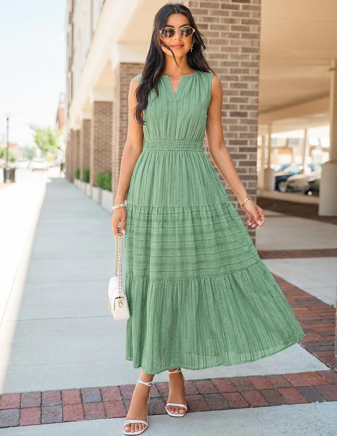 MEROKEETY Spring Summer Midi Dresses for Women 2026 Casual Beach Vacation Sleeveless Boho V Neck Cotton Maxi Dress Pockets - Image 7