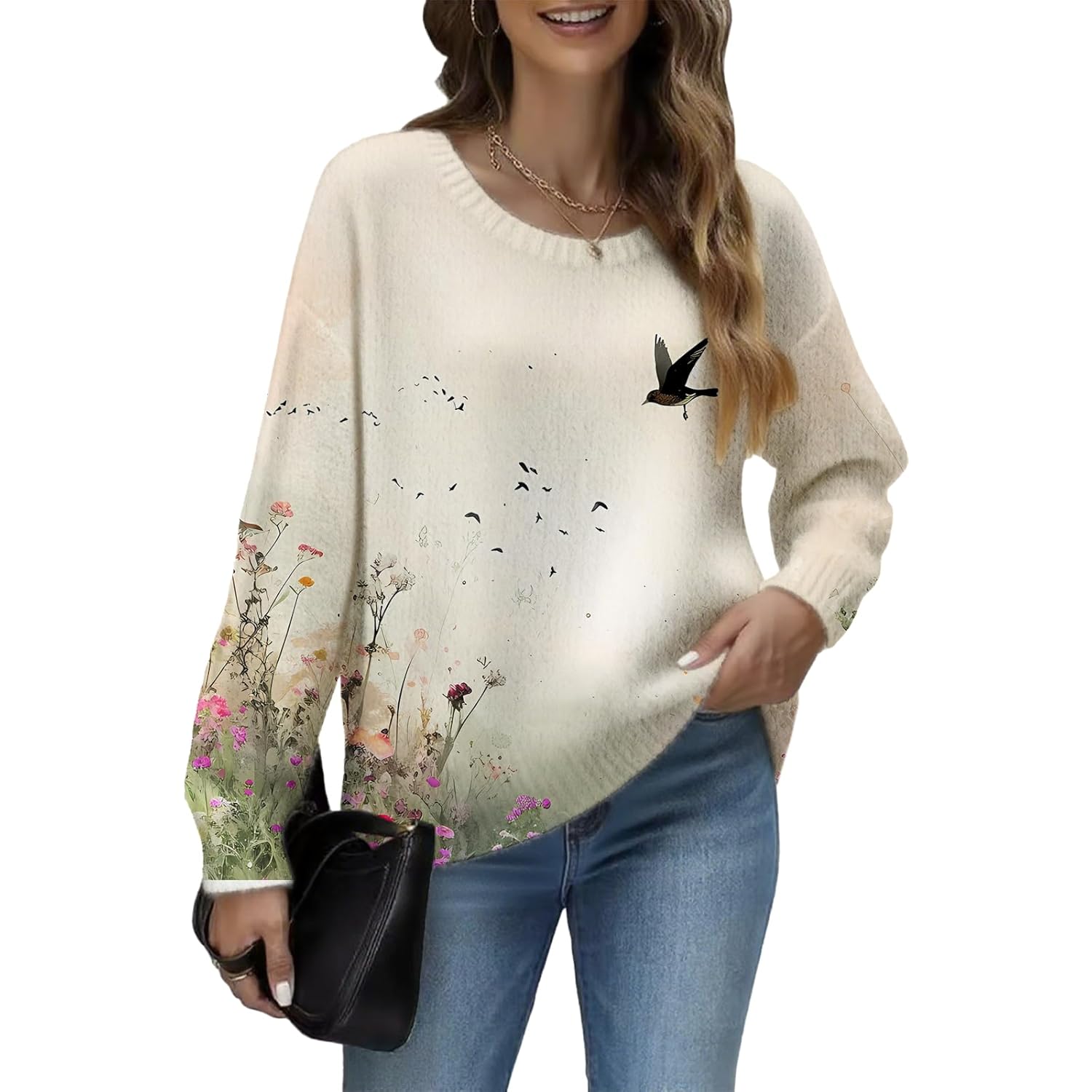 Womens Floral Print Crew Neck Sweater F Cable Knit Sweater Fashion Loose Long Sleeve Fall Pullover Sweater