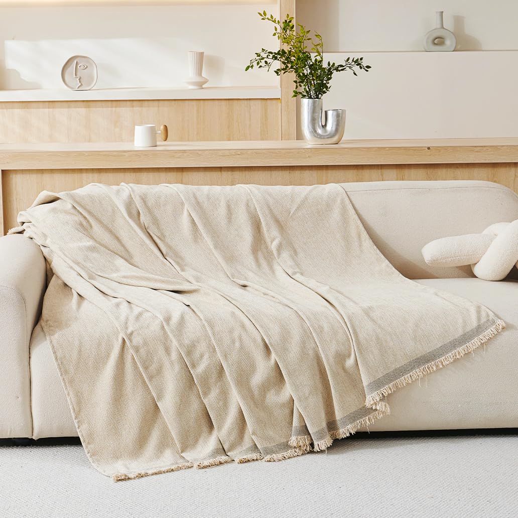 VANJOROY 100% Chenille Natural Sofa Large Throw Blanket For Single Seater -Throws for Armchair, Luxury Soft Throw for Chair Couch and Bed, Cream Beige-130 x 180cm — image 1